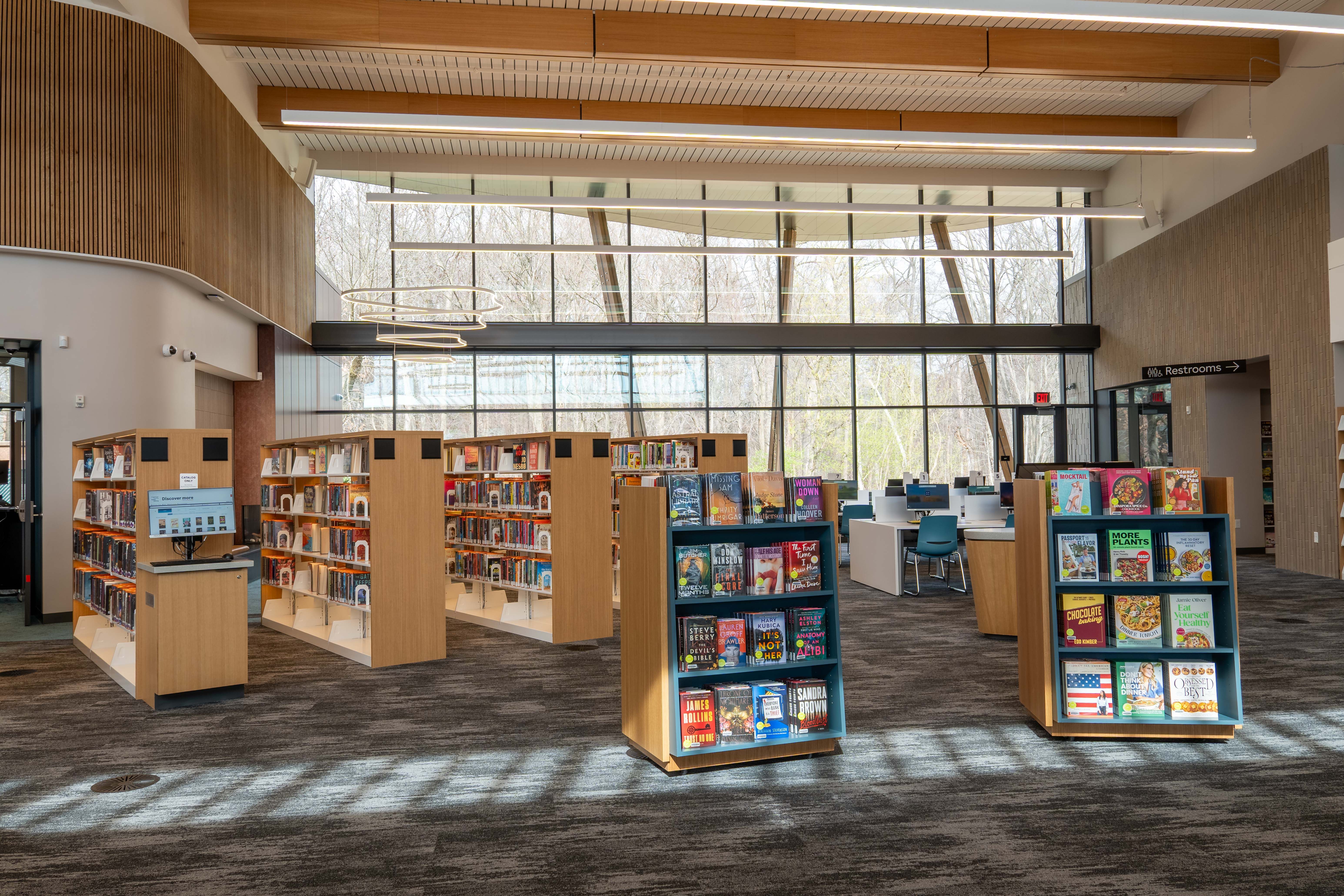 An open concept library with natural light. 