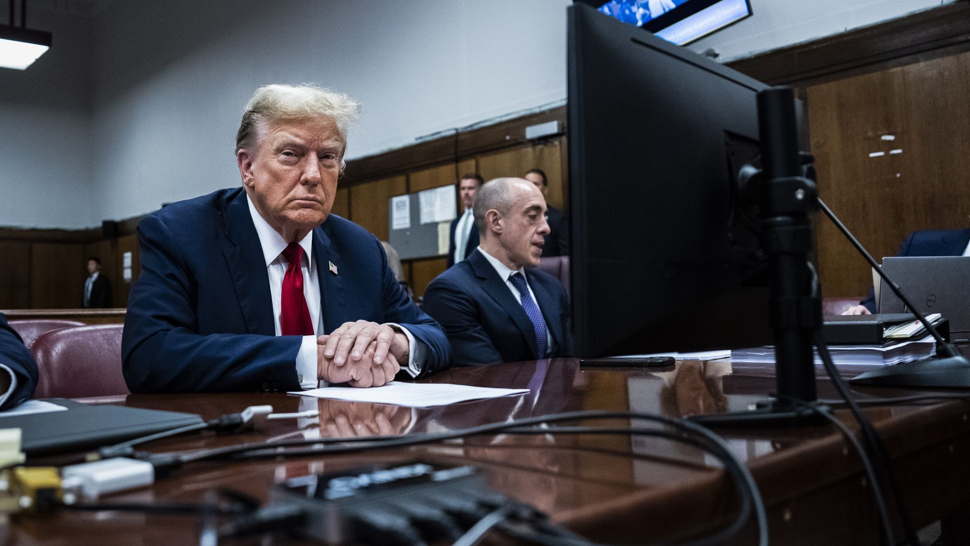  Former U.S. President Donald Trump (C) appears with his legal team Todd Blanche, and Emil Bove (R) ahead of the start of jury selection at Manhattan Criminal Court on April 15, 2024 in New York City.