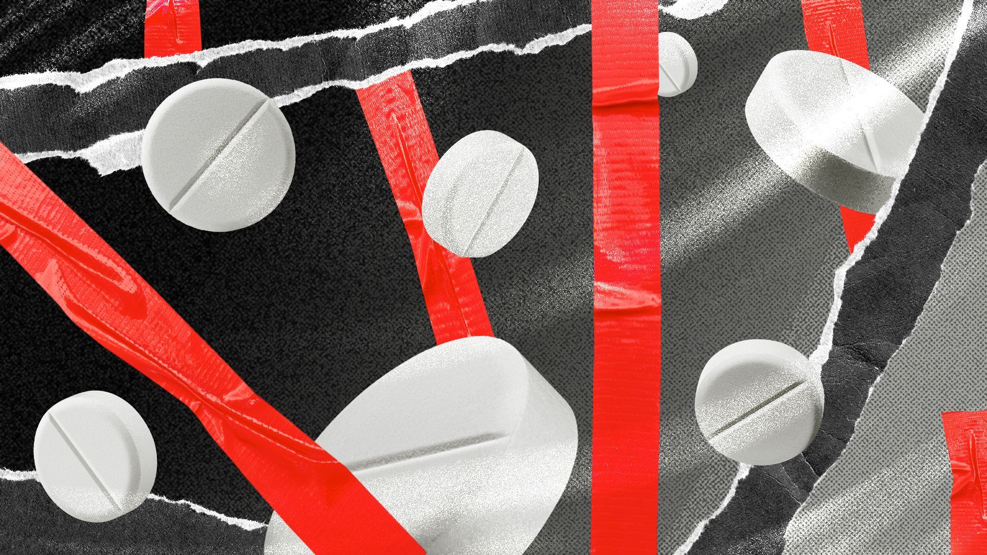 Illustrated collage of various pills on a background made up of red tape and torn pieces of paper. 