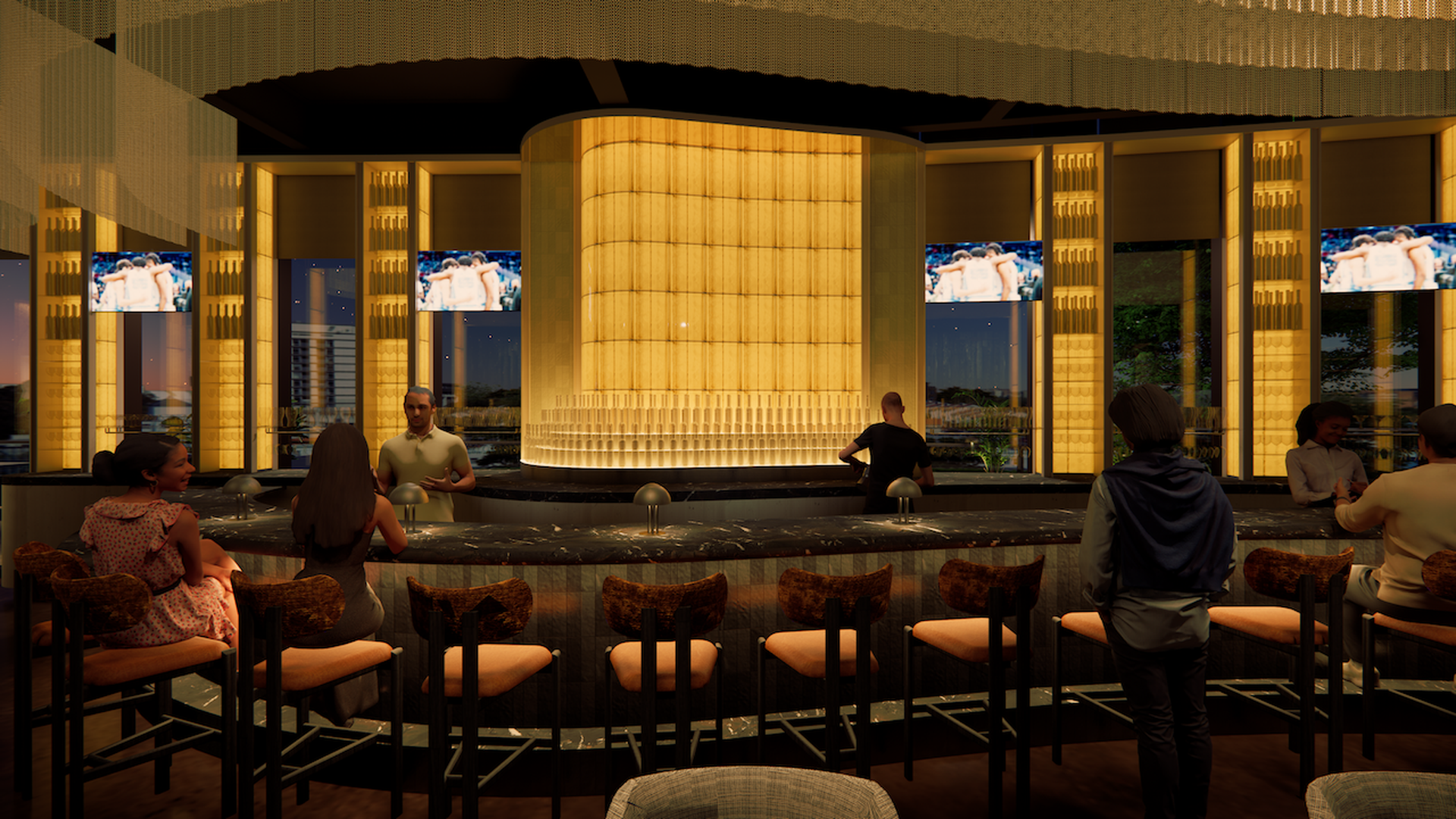 A warm-lit upscale bar with patrons seated and standing around a curved black marble counter, large golden backlit panels, pendant lights, and multiple TVs showing a sports scene.