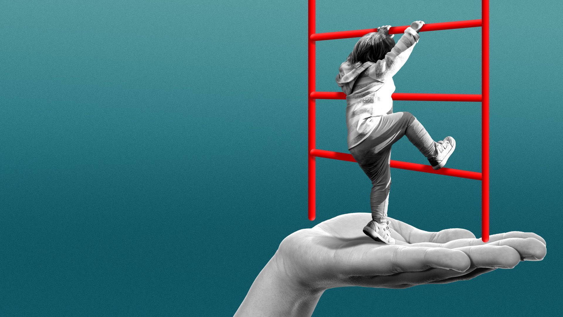 Illustration of a small child being helped up a ladder by a giant hand