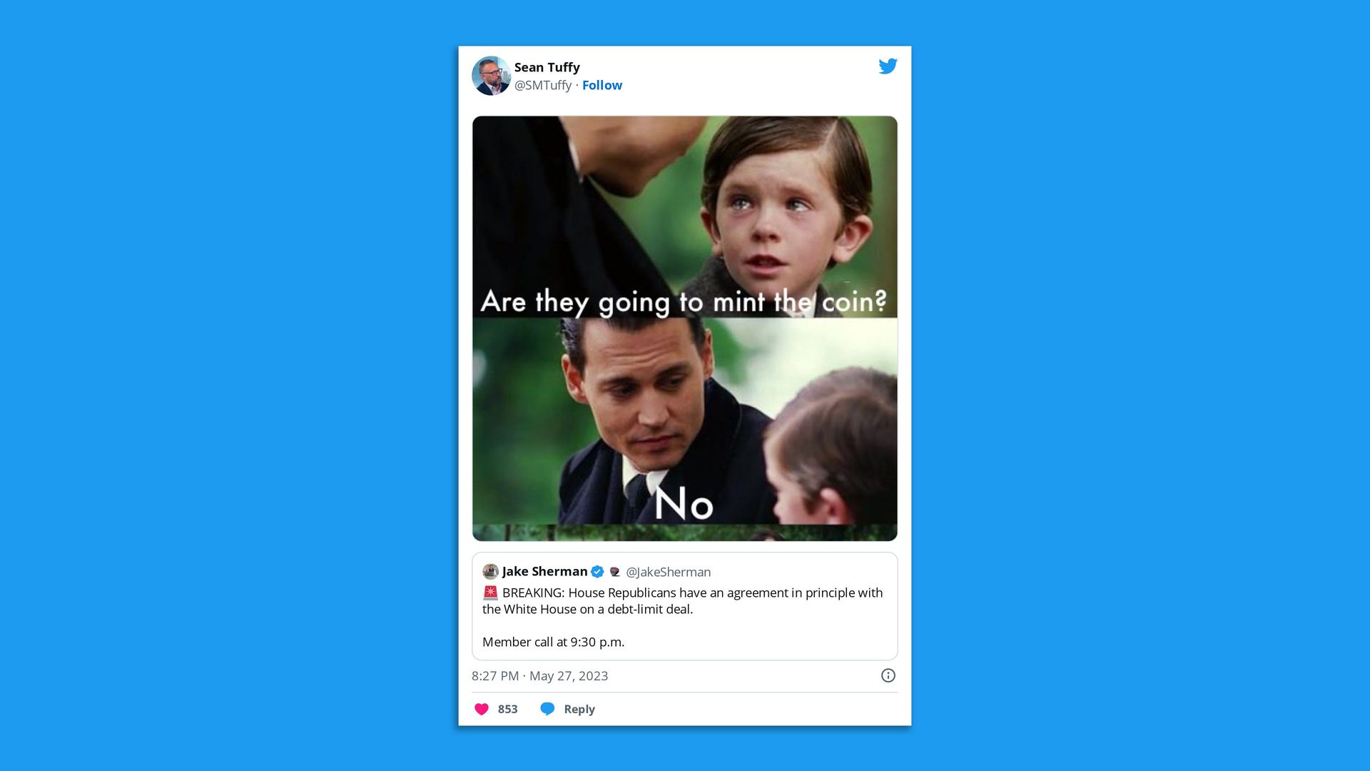 A film still of Finding Neverland in which Johnny Depp's character tells a young boy that the U.S. central bank will not be minting a trillion-dollar coin