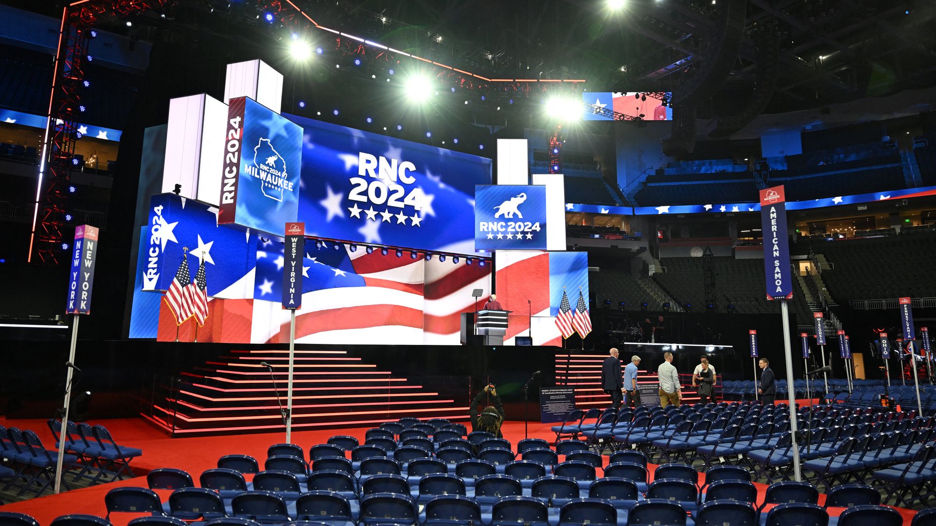 A view of the convention floor and stage ahead of the 2024 Republican Convention (RNC) at the Fiserv Forum in Milwaukee, Wisconsin on July 14, 2024. The convention will take place from July 15th to the 18th. (Photo by Patrick T. Fallon / AFP) (Photo by PATRICK T. FALLON/AFP via Getty Images)