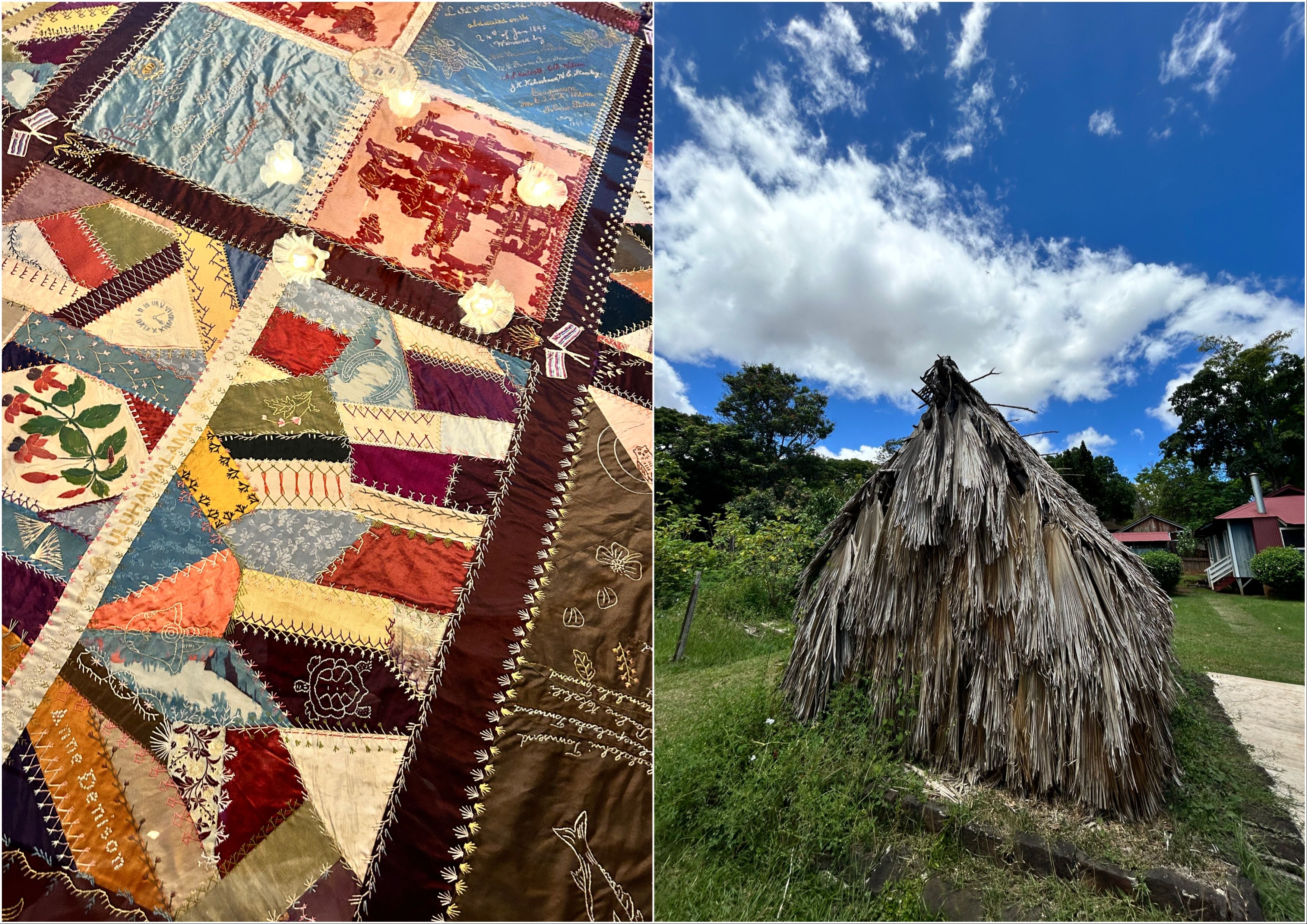 Photo of an intricately embroidered, colorful quilt on the left and a reproduced hut made of husk on the right