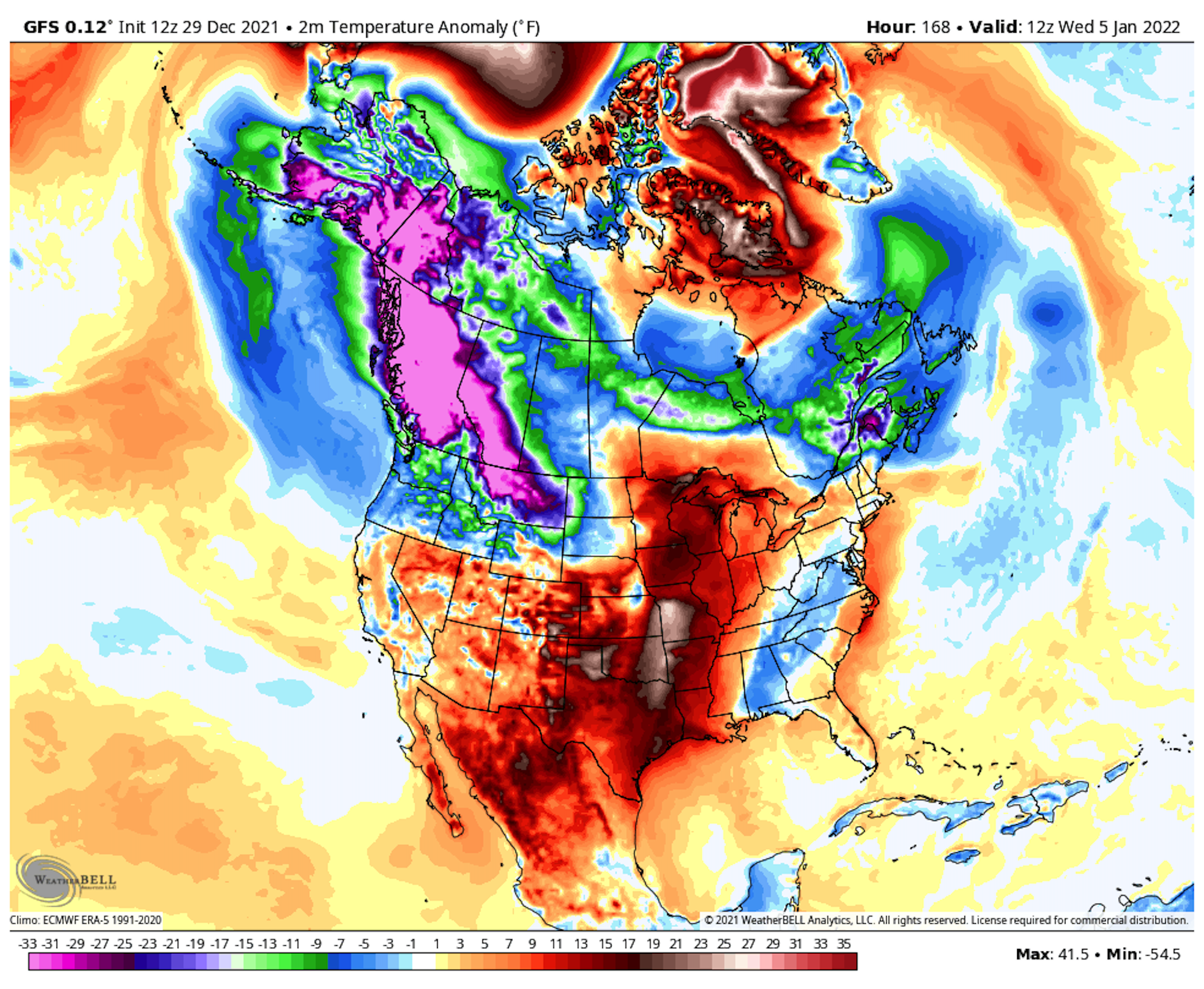 Computer model projection showing unusual cold building from Alaska to British Columbia during early January.