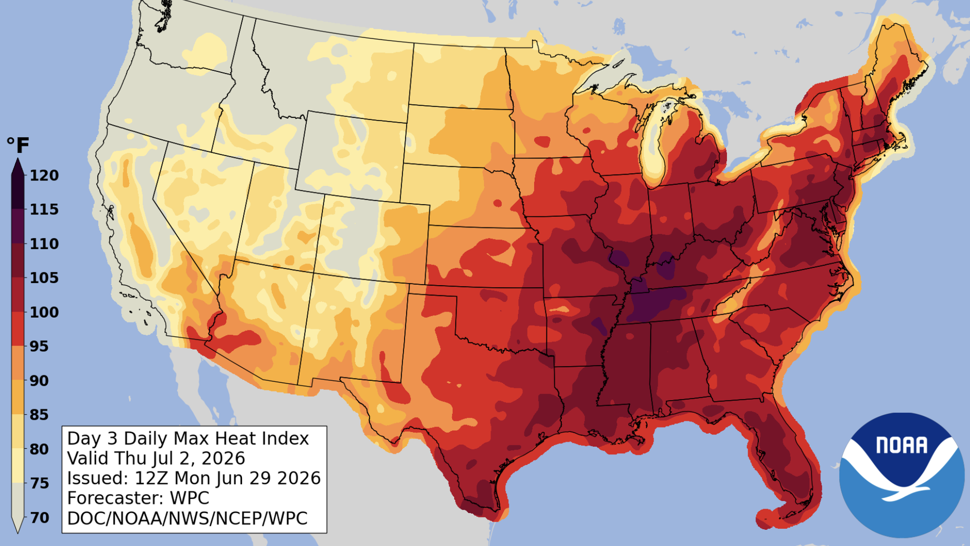 NOAA map of North America showing Day 5 Daily Max Heat Index across the U.S.. Color gradient from yellow to deep red indicates 70–120°F. Valid Thurs Jul 2, 2026; NOAA/NWS/WPC logo.