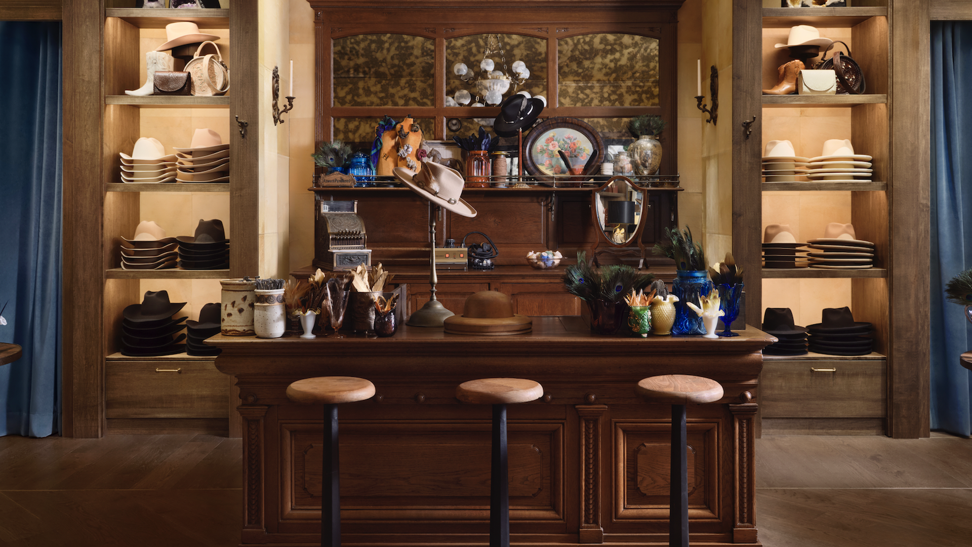 A hat bar with stetsons and accessories