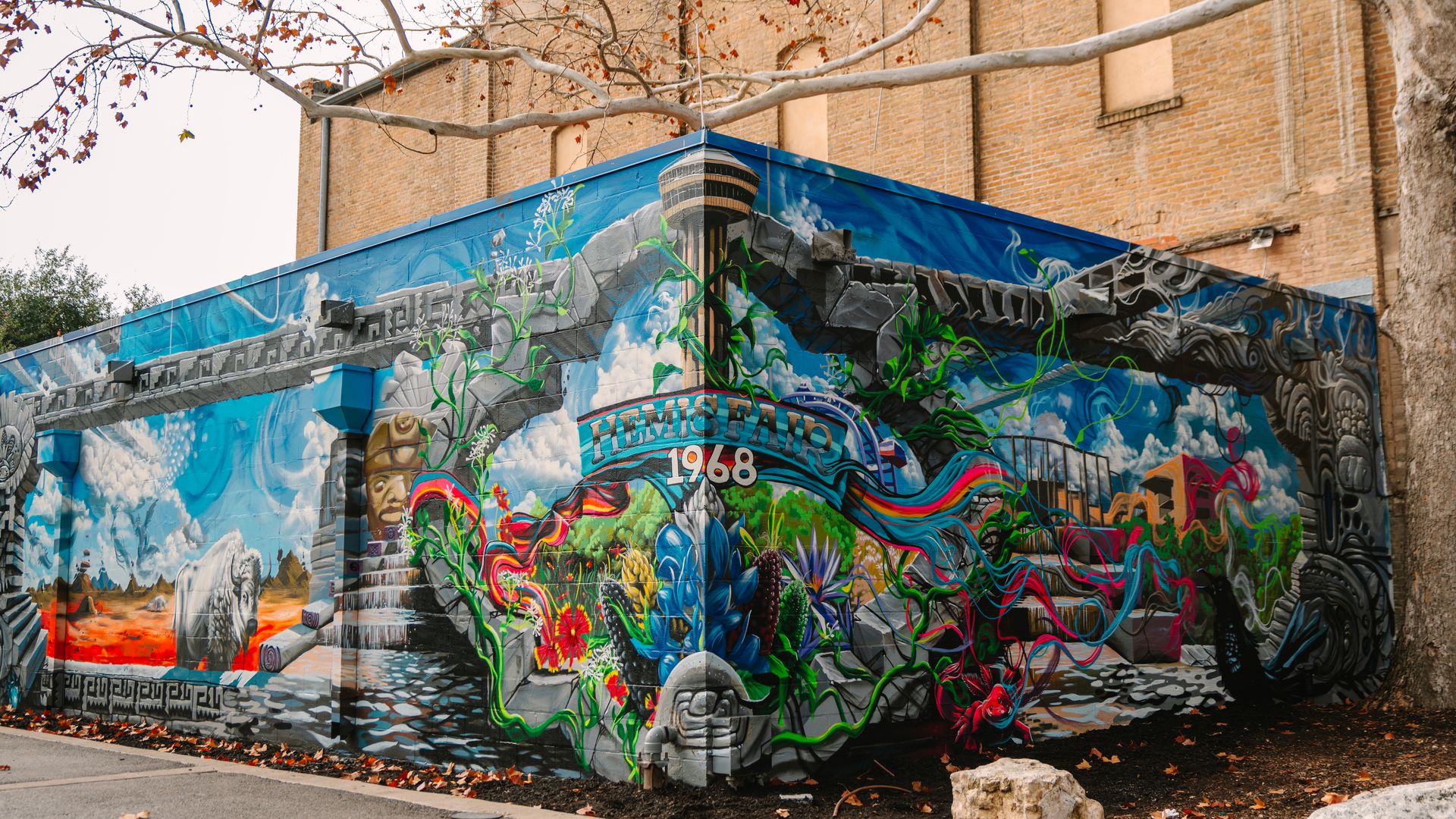 A mural with the Hemisfair as the centerpiece. 
