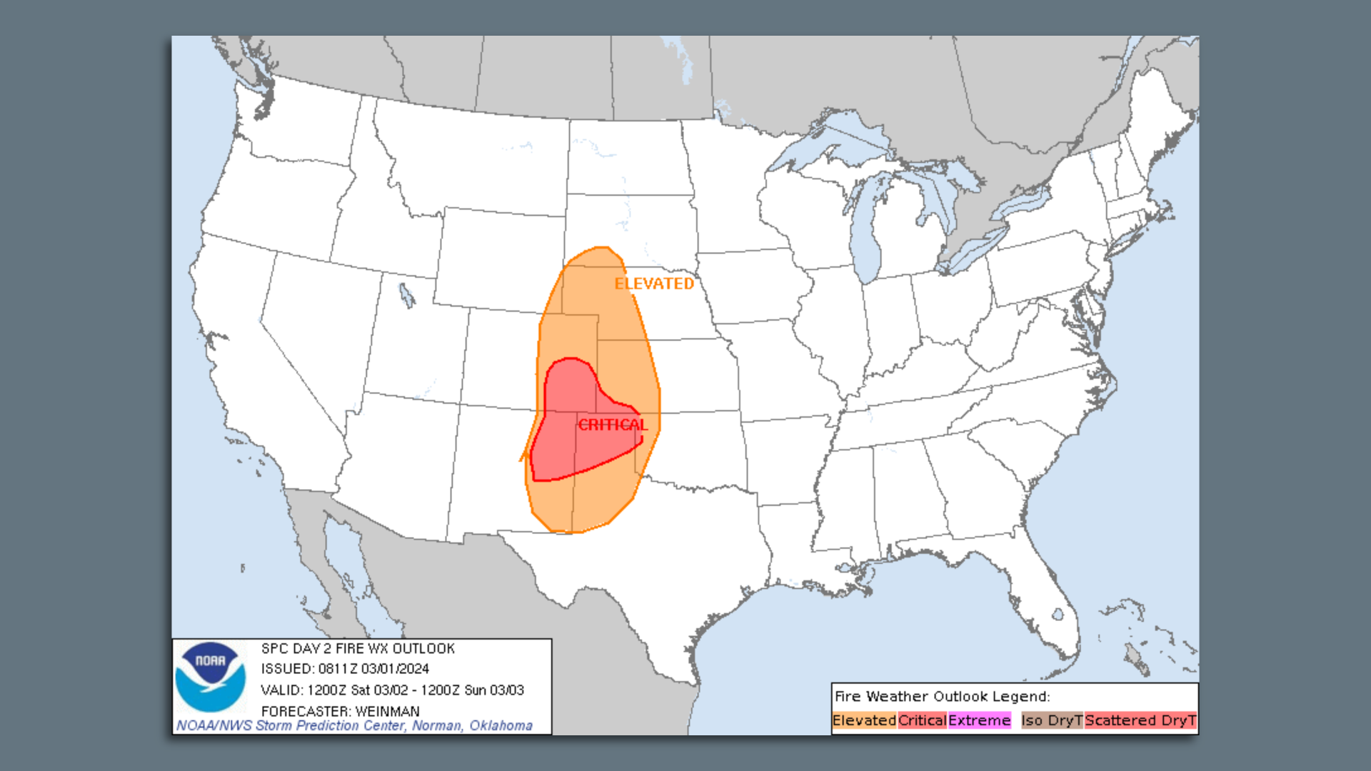Map showing "critical fire weather risk" in the Plains on March 2, including the area where Texas' largest wildfire is burning.
