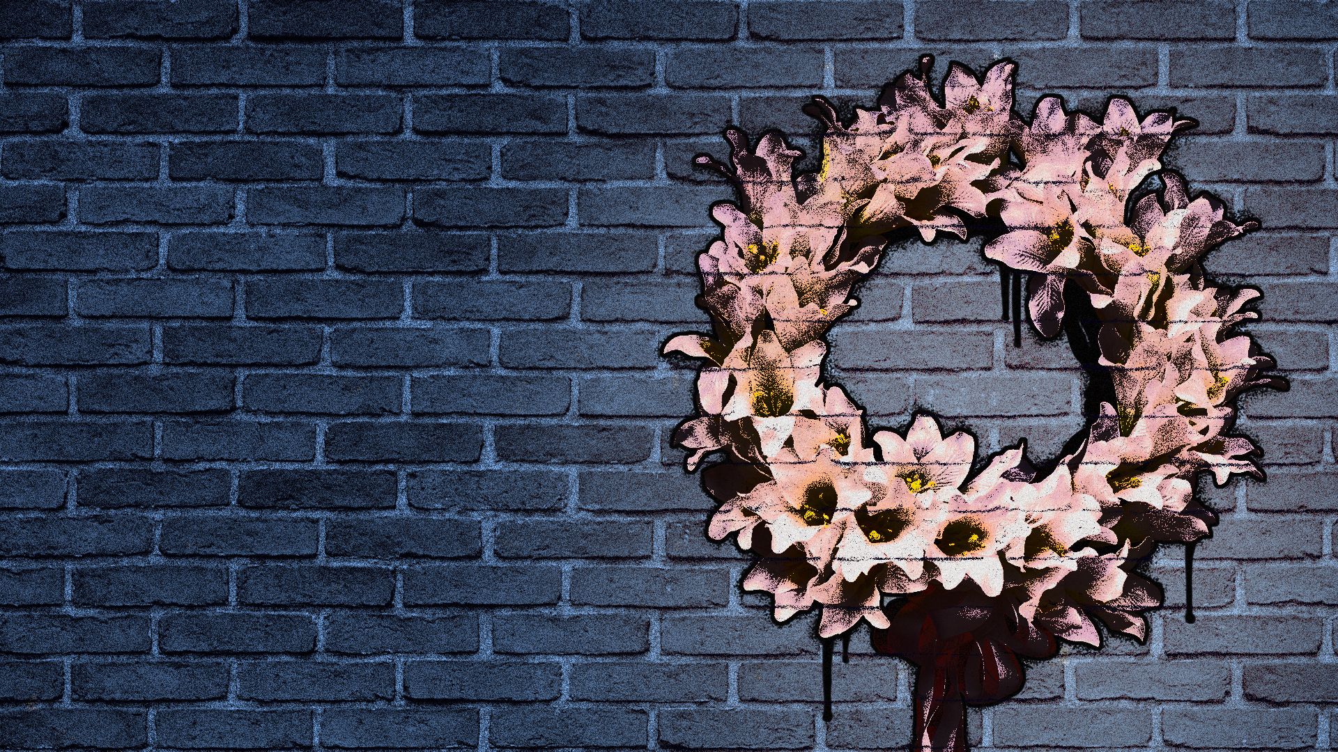 Illustration of a funeral wreath painted on a brick wall.