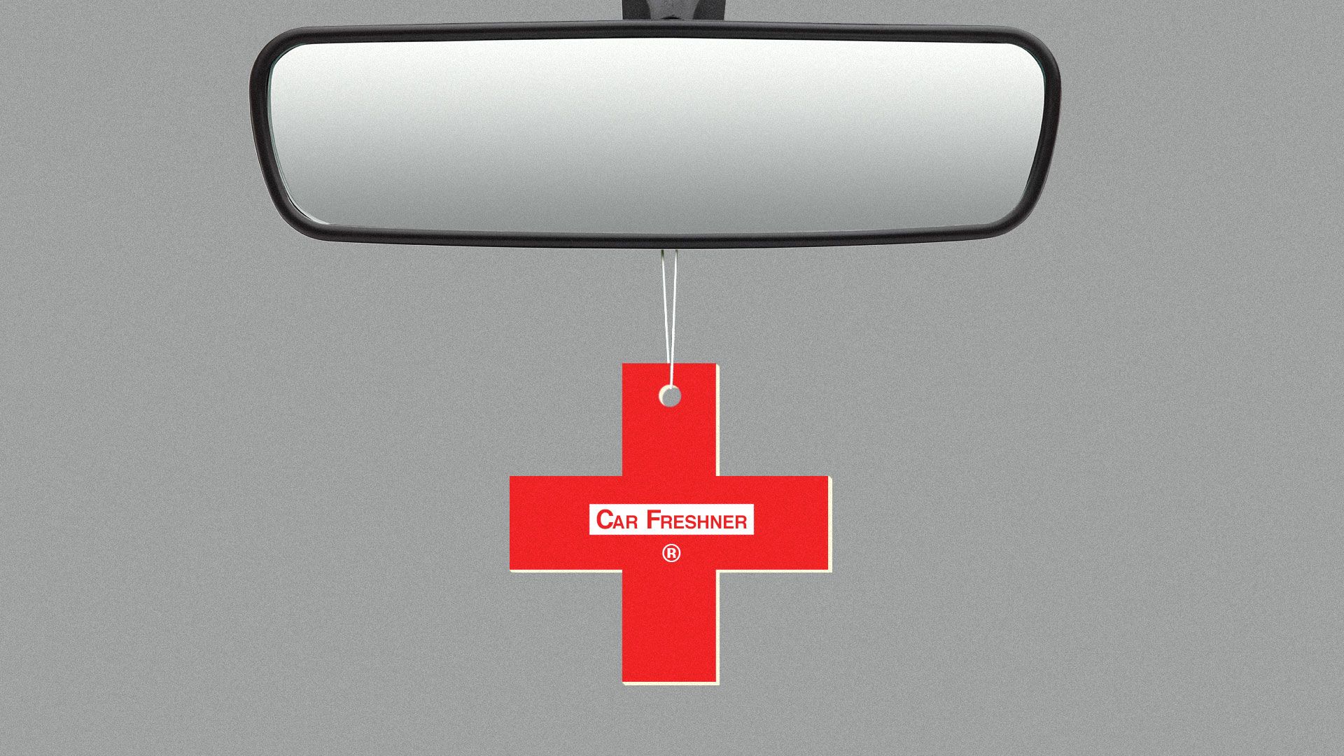 Illustration of an air freshener in the shape of a heart plus hanging from a rear view mirror.