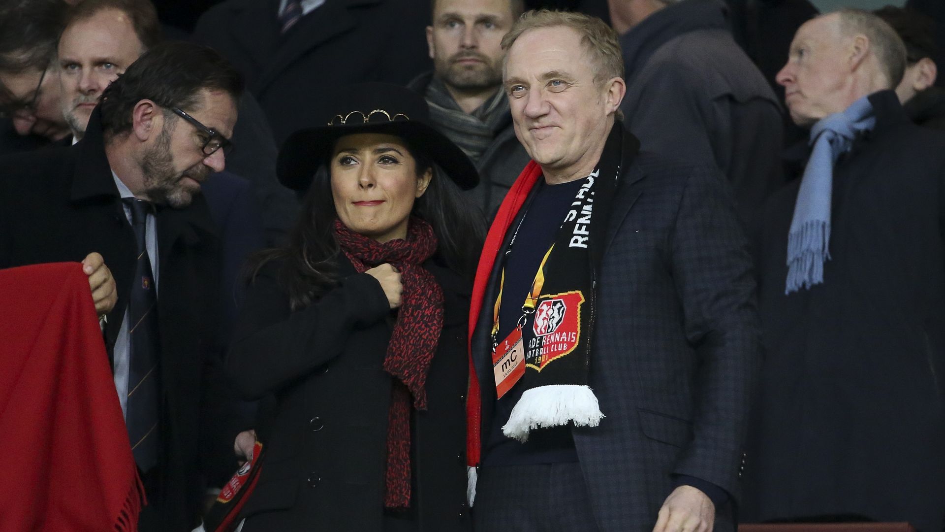 Stade Rennais owner and CEO of Kering Group François-Henri Pinault and his wife, actress Salma Hayek at a soccer match.
