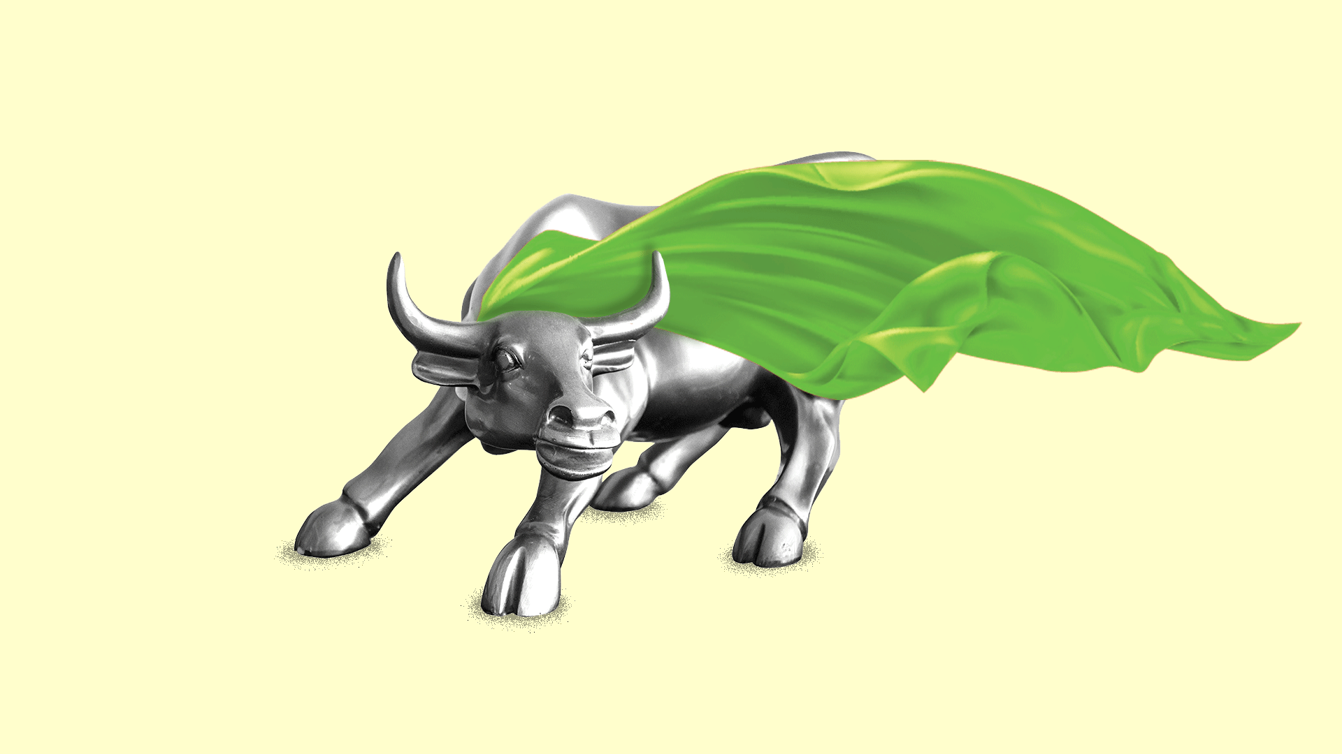 In this illustration, the Wall Street bull has a green cape.