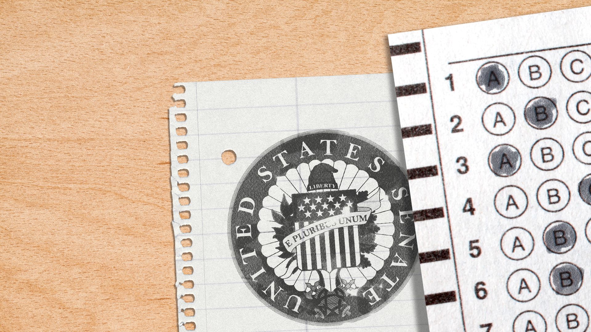 Illustration of the Senate seal on a piece of lined paper below a standardized test