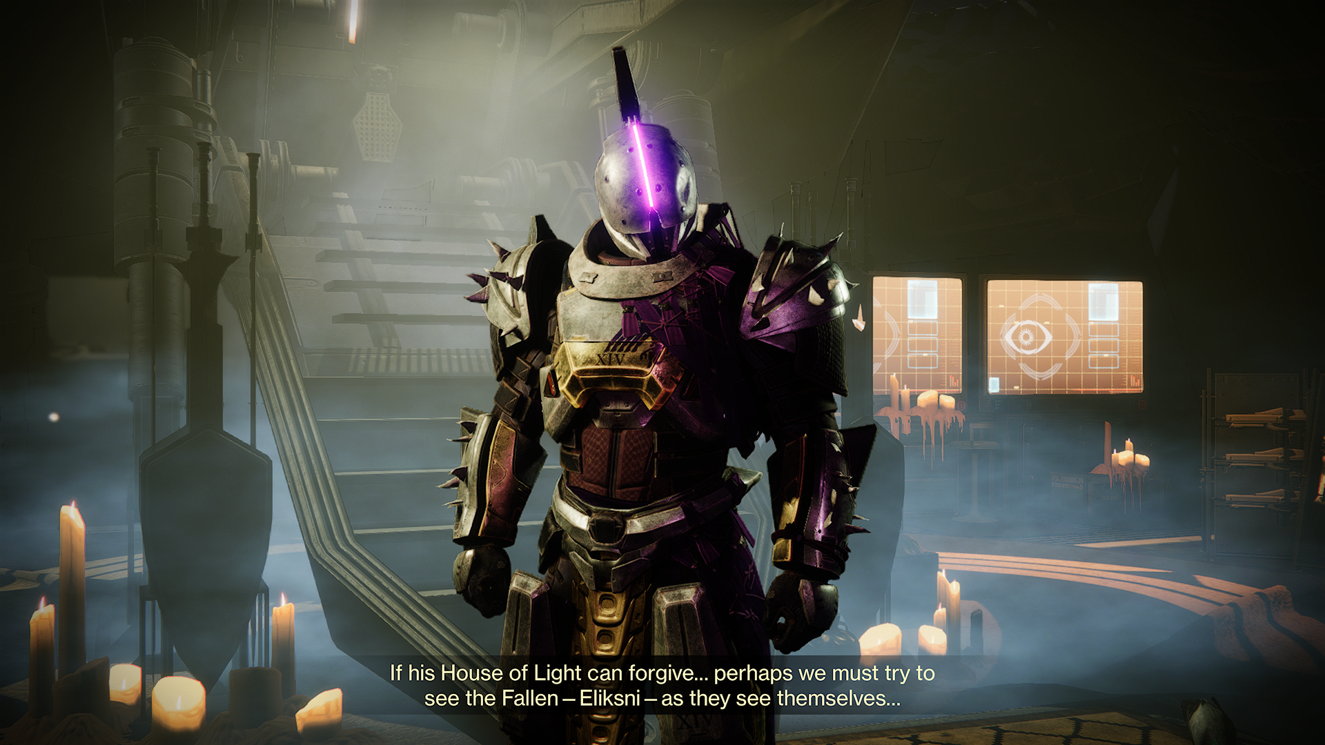 Screenshot of a helmeted Destiny hero. Subtitles show him reconsidering the word he uses to refer to an alien faction