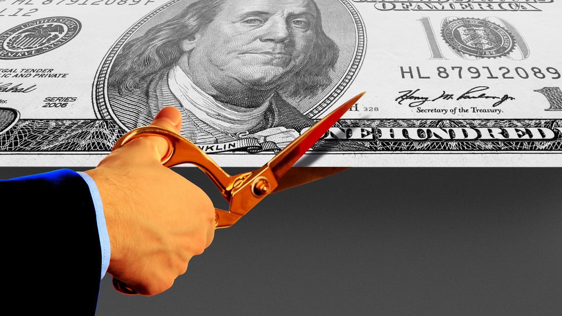 Illustration of a Trump-like hand with golden scissors cutting a hundred dollar bill
