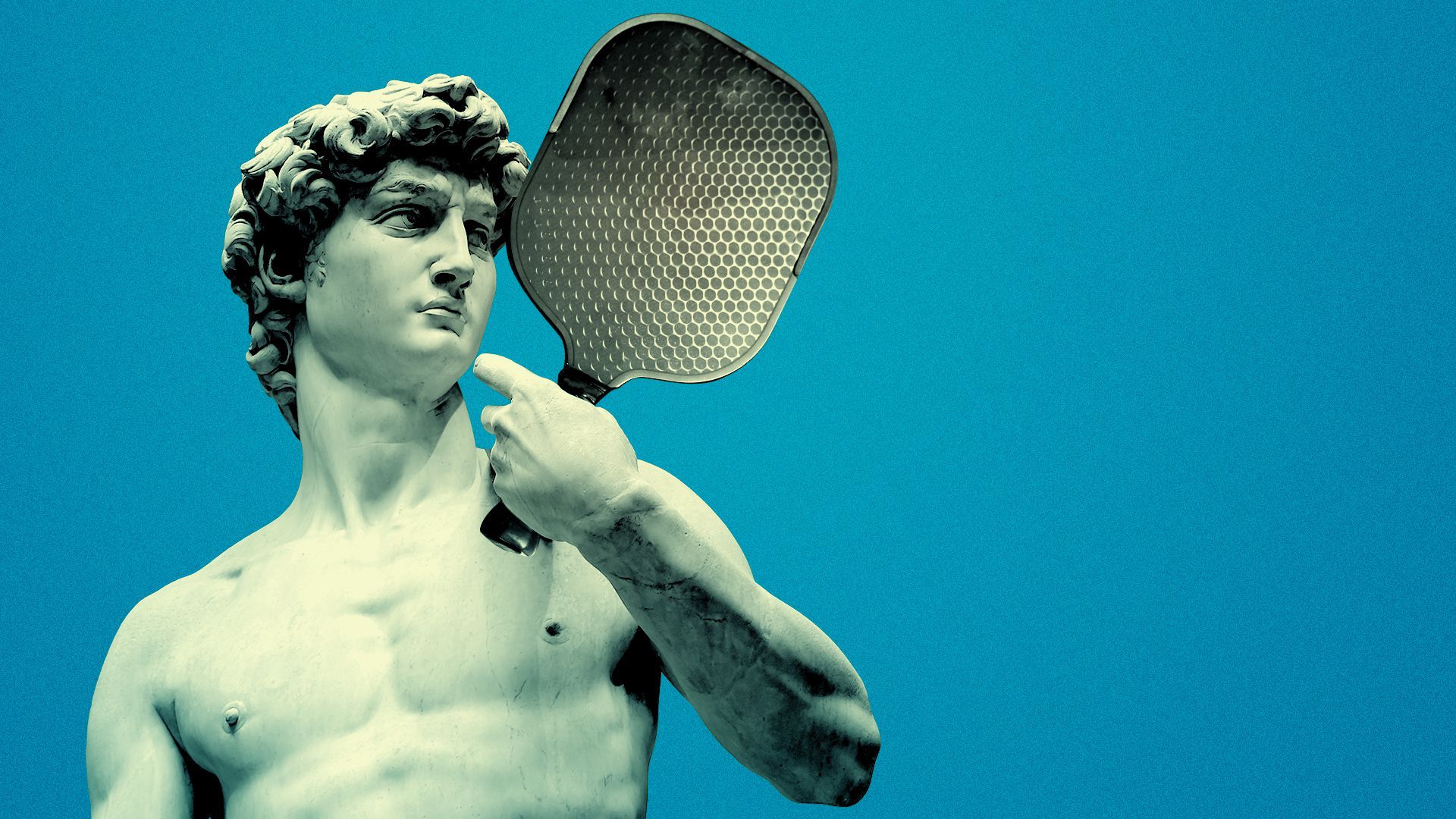 Photo illustration of Michelangelo's Statue of David holding a pickleball paddle.