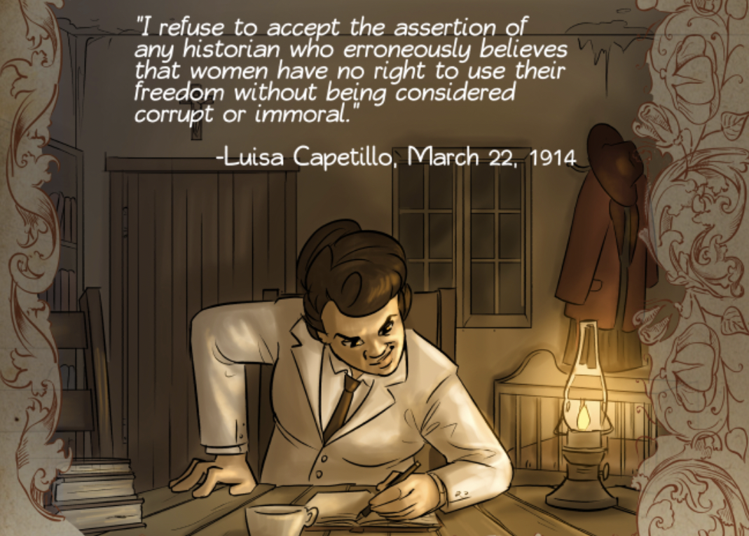 Cartoon of Luisa Capatillo & "I refuse to accept the assertion of any historian who erroneously believes that women have no right to use their freedom without being considered corrupt or immoral"