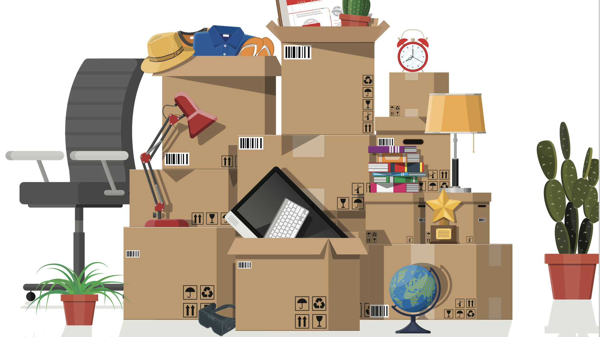An illustration of a tech worker's belongings packed.