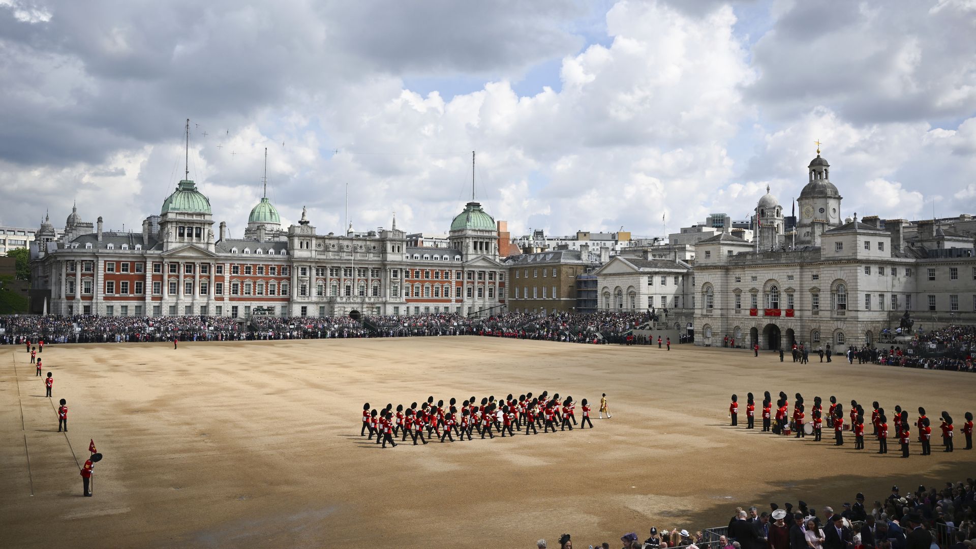 Household Division foot guards march during the Trooping the Colour parade in London today to celebrate the 70-year reign of Queen Elizabeth II, age 96.