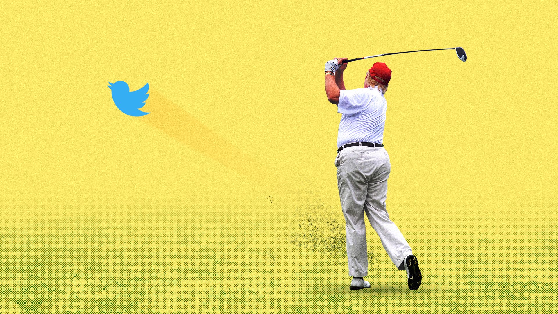 Trump swinging a golf club but instead of a golf ball flying into the air it's a Twitter logo.