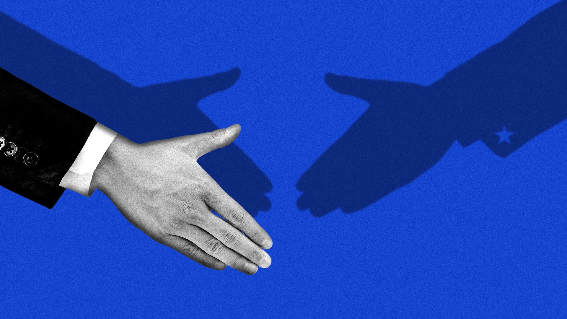 Illustration of a hand reaching out for a handshake except there is no hand to shake just the shadow of a hand.  