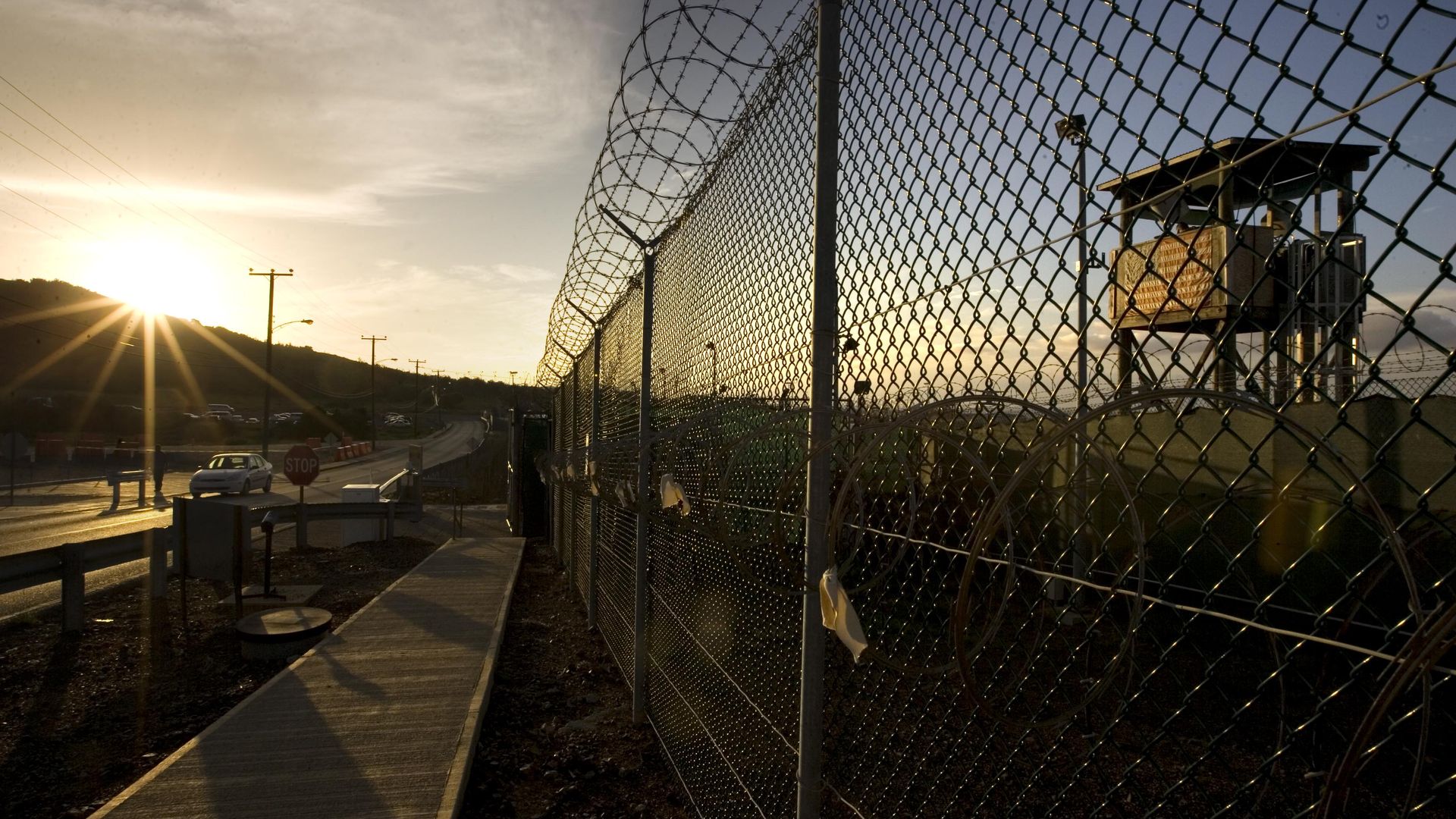 The sun rising over Camp Delta at Guantanamo Bay U.S. Naval Base in 2008.