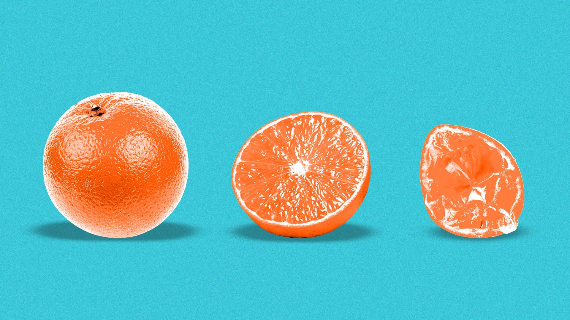 Illustration of three oranges, one full, one cut in half, and another half that has been squeezed.