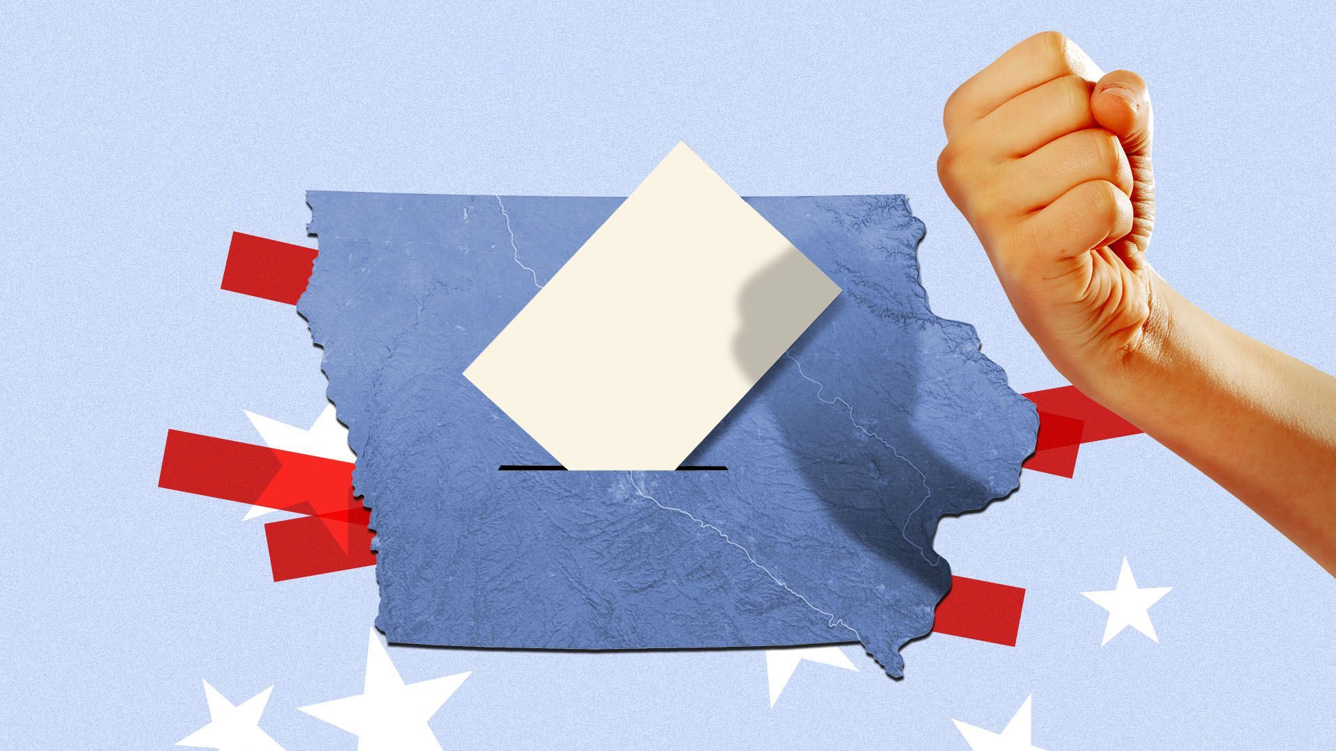 Illustration of a first shaking itself at the state of Iowa with a vote being vast in the middle