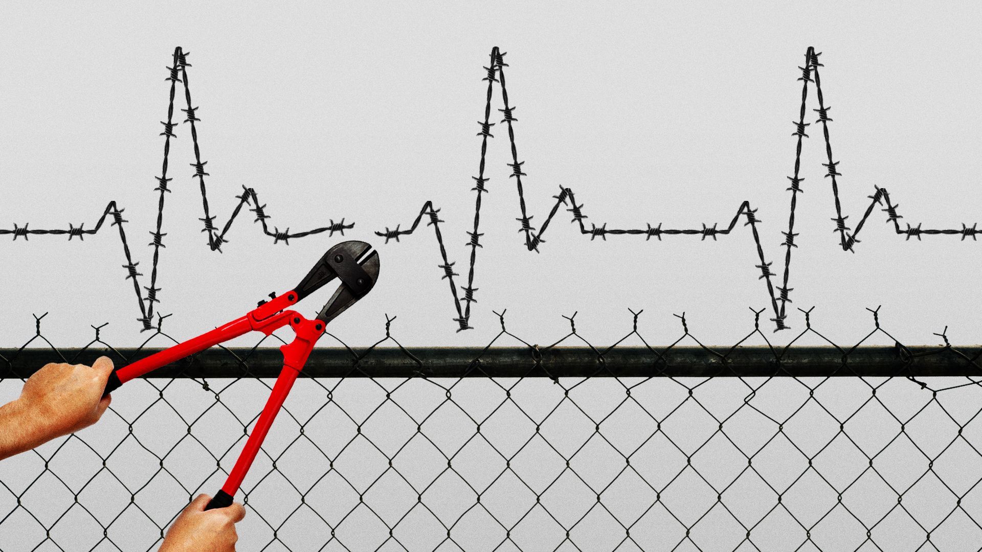 Illustration of a pair of bolt cutters cutting through barbed wire, which is shaped like a healthy heart rate.