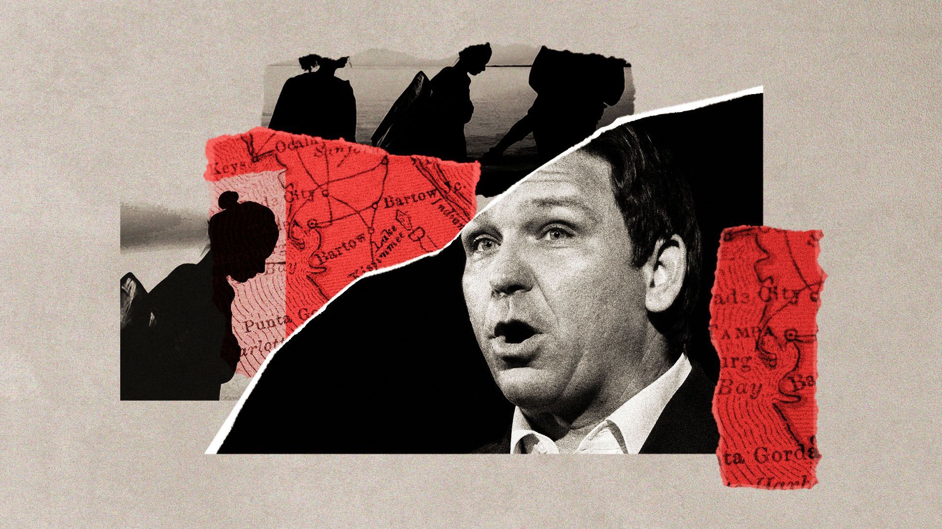 a collage of ron desantis, old maps of south florida and dark silhouettes of people carrying bags  