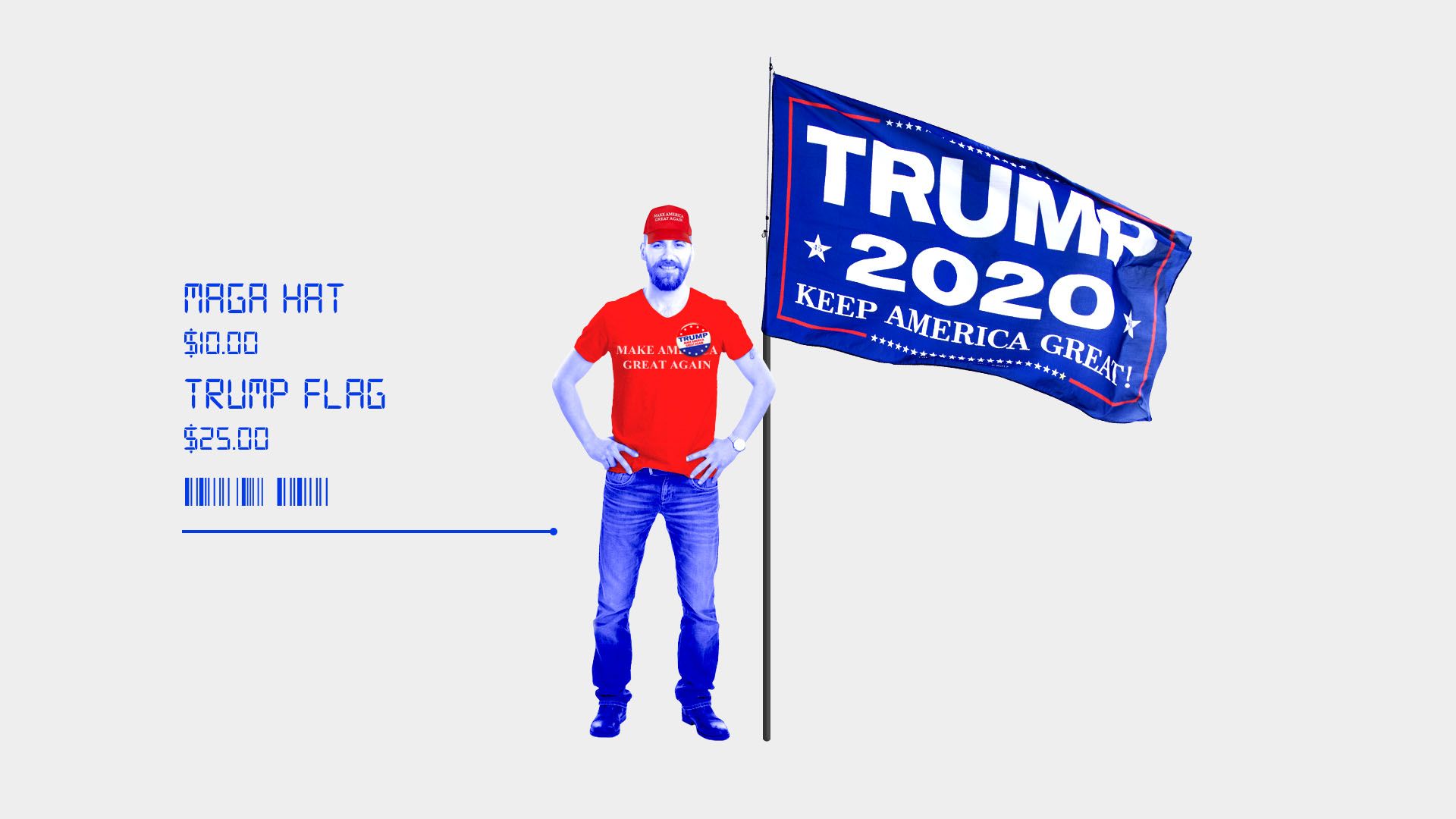Illustration of a man in wearing Trump merchandise next to a Trump flag, with descriptions, prices, and a barcode next to him.