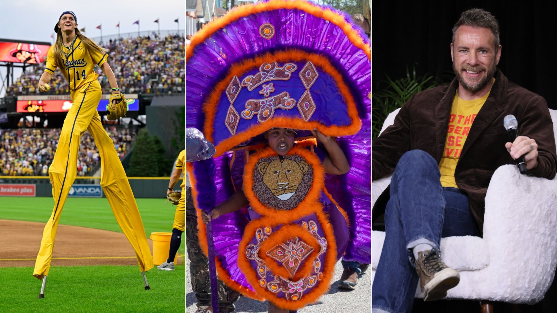 Image shows a Banana Ball player, a Mardi Gras Indian and Dax Shepard.