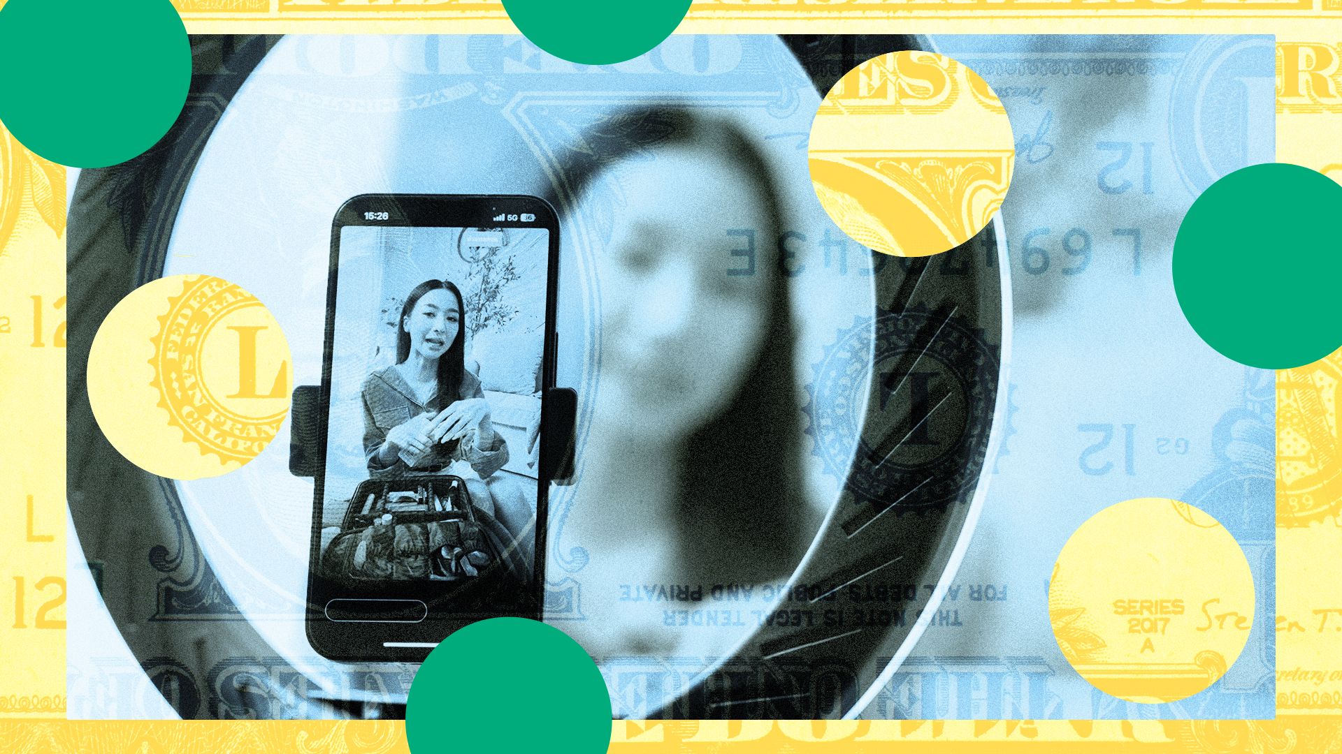 Illustration of a cell phone on a selfie ring in front of a young woman surrounded by circles and money elements.