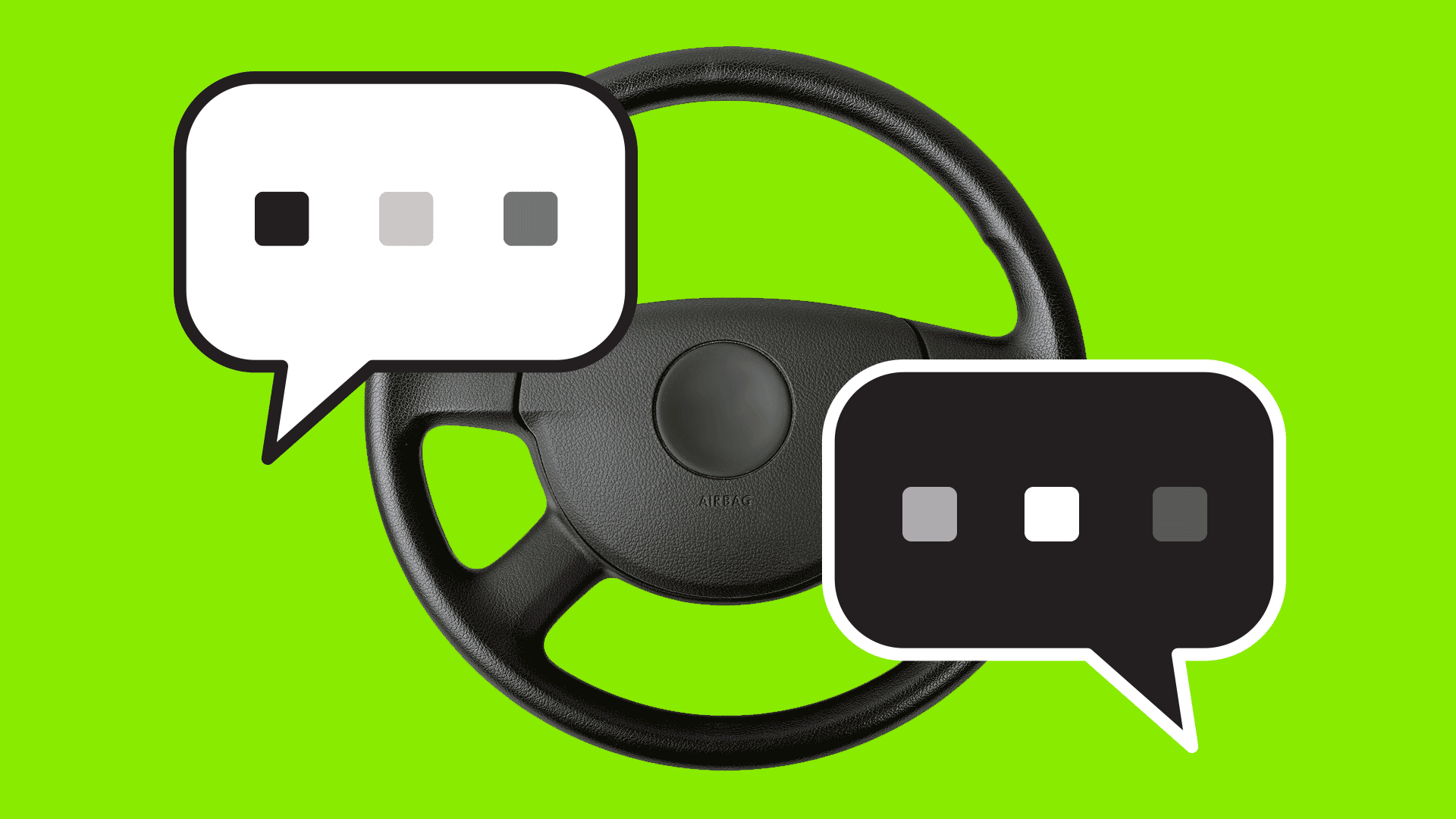 Animated illustration of chat bubbles laid over a steering wheel. 