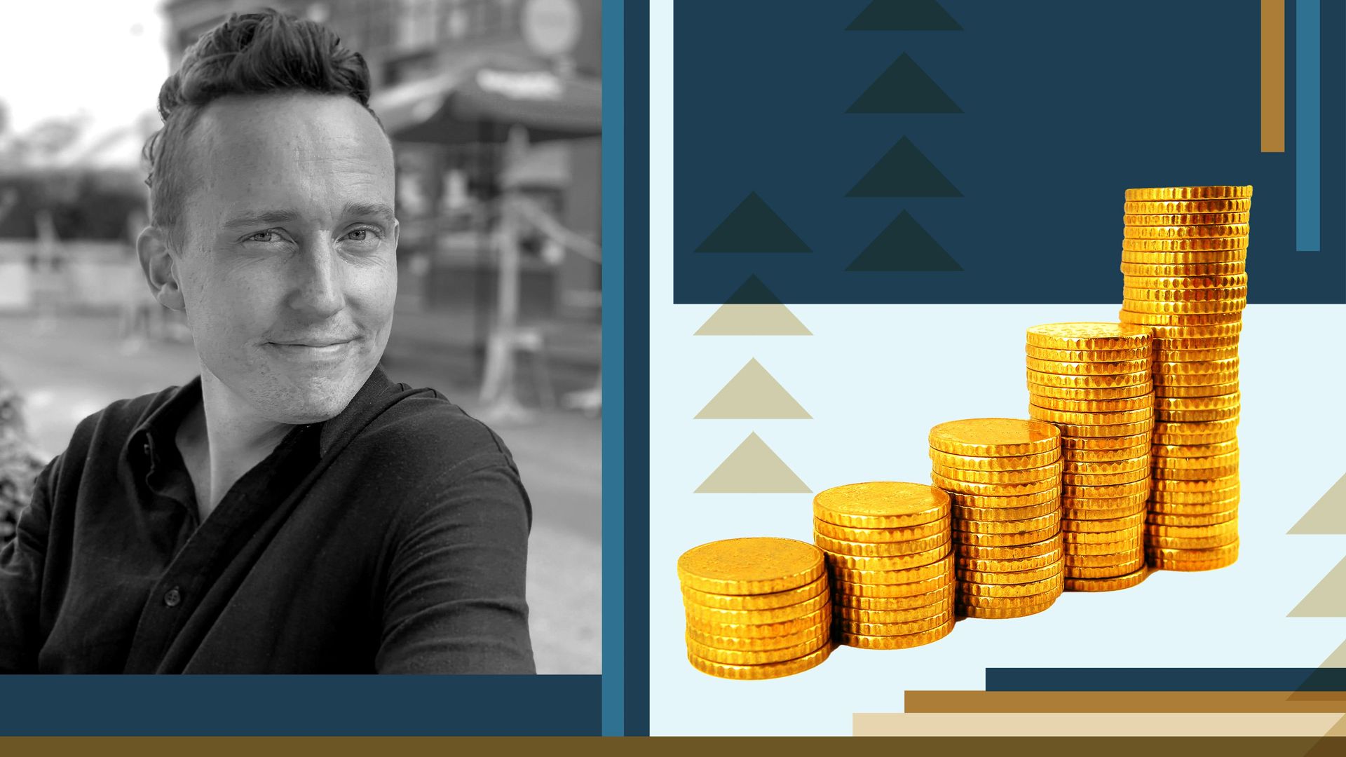 Photo illustration of Darragh Grove-White, with a stack of coins surrounded by abstract shapes.