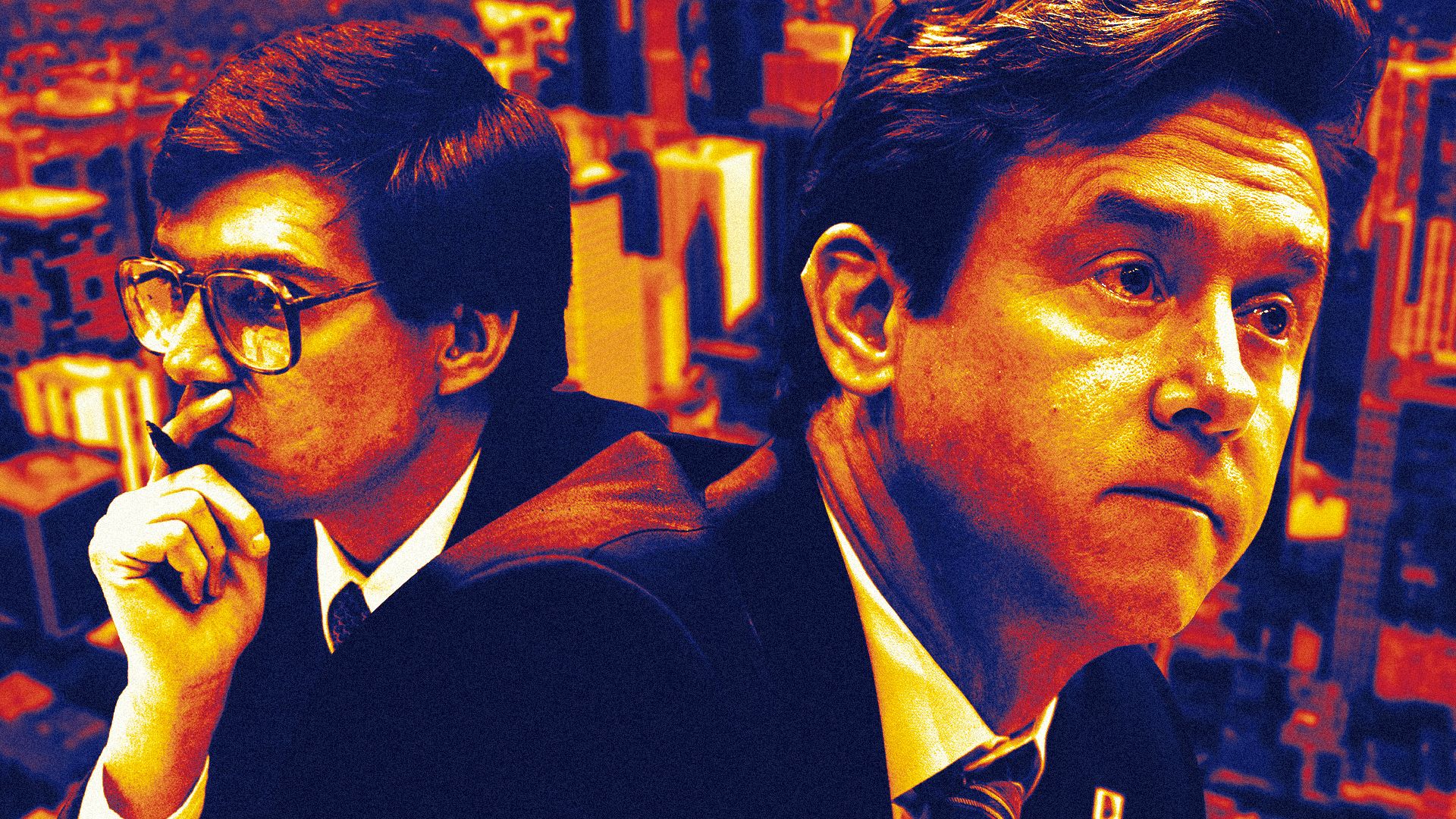 Photo illustration of Federico Peña and Mike Johnston, in front of an aerial view of Denver, all tinted in the blue, red and yellow and white of the Denver flag.