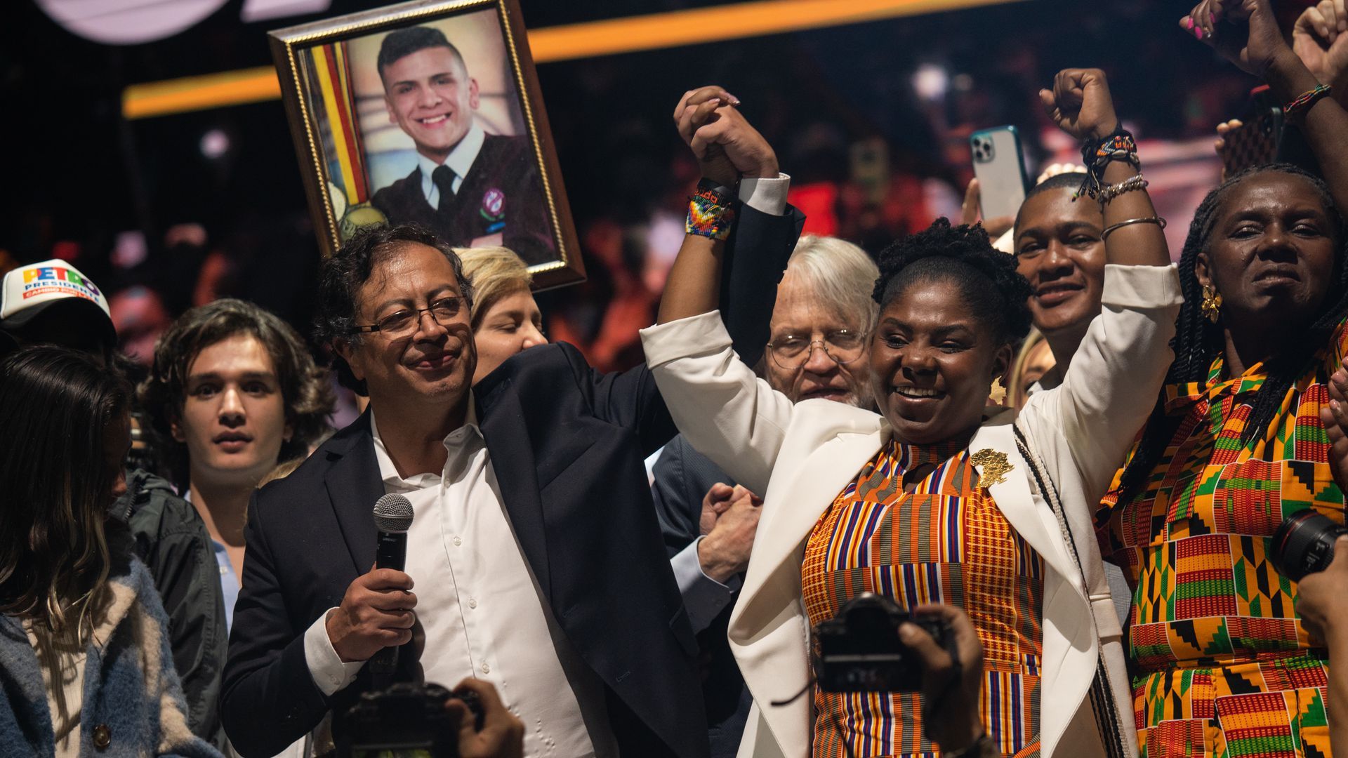 Gustavo Petro and Francia Márquez celebrate their victory in Colombia's presidential election on June 19. Photo: Andrés Cardona/Bloomberg via Getty Images