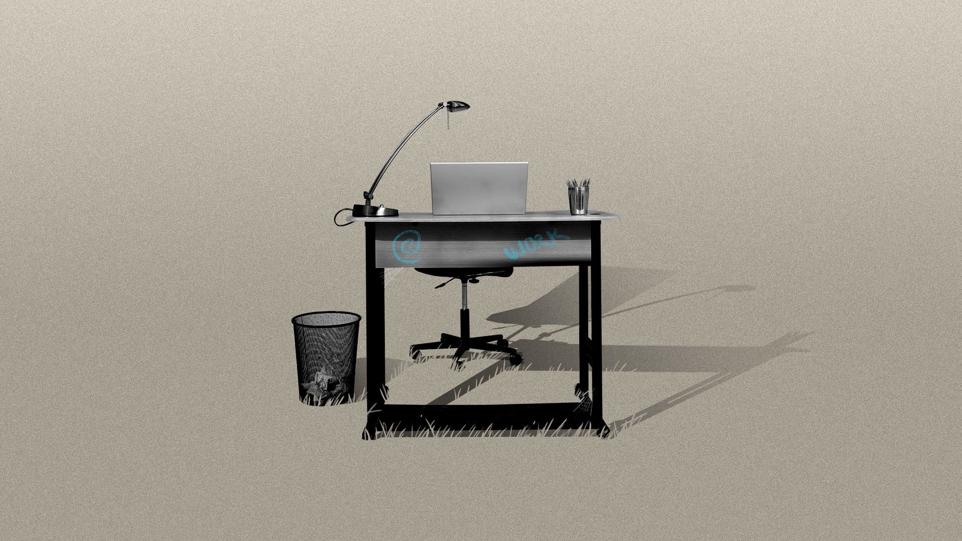 Illustration of an office desk sitting abandoned in a field