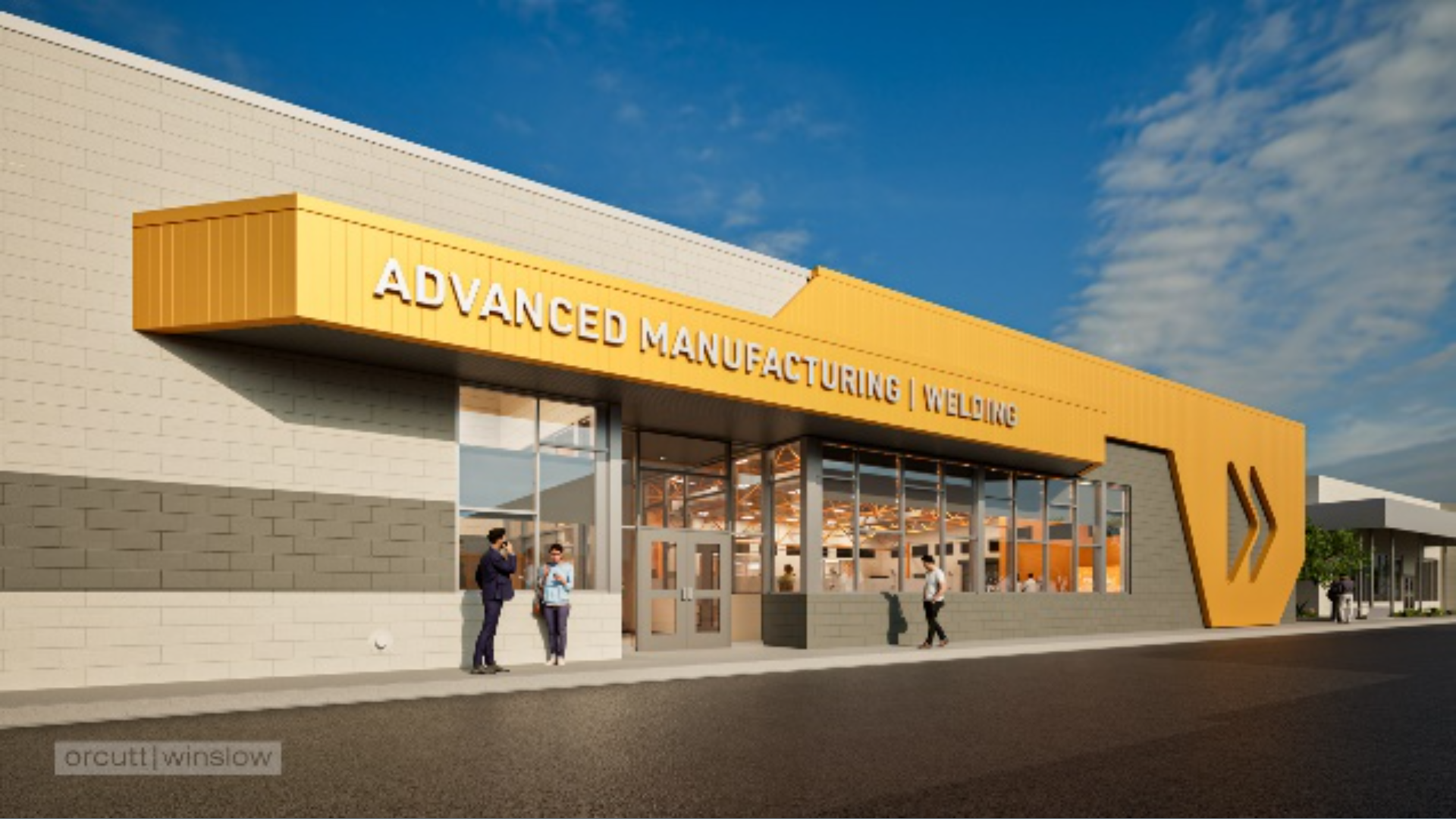 A rendering of a building that says, "Advanced Manufacturing | Welding."