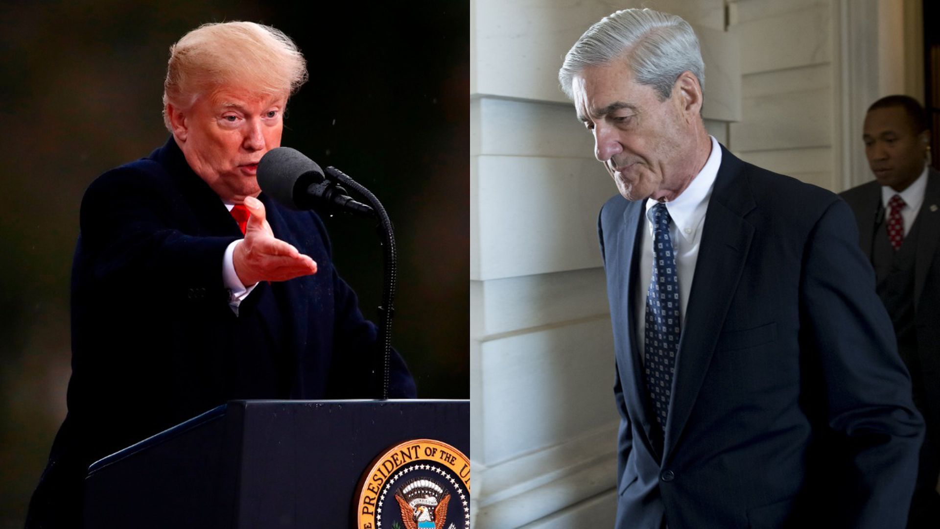 Split image of President Trump and Bob Mueller