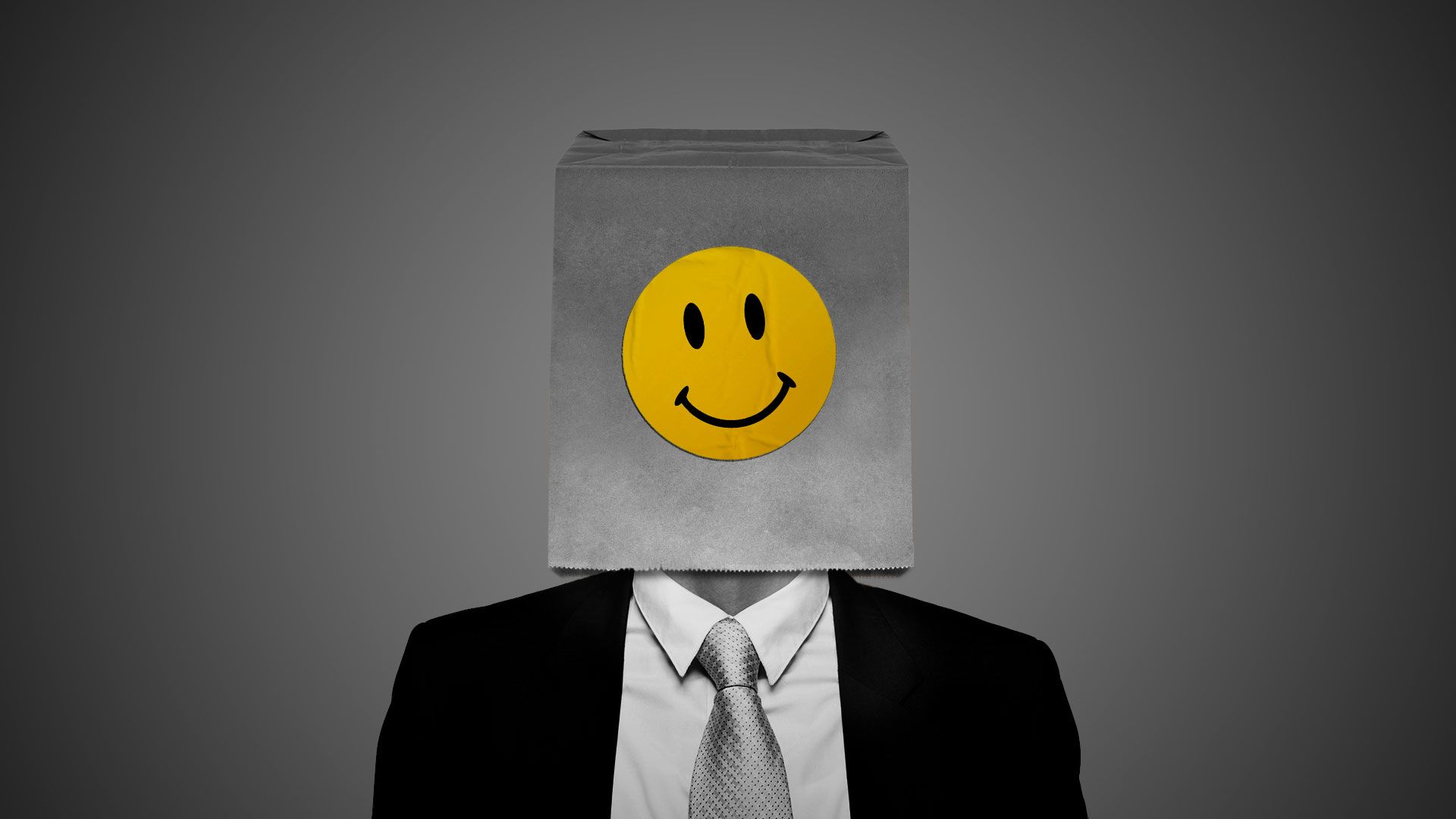 Illustration of a paper bag with a smiley face sticker over the head of a man in a suit