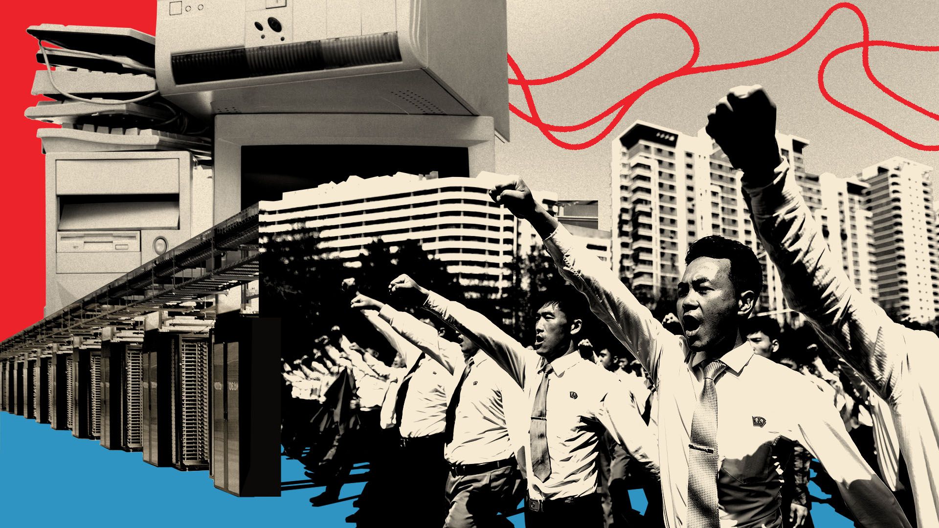 Photo illustration of student in white shirts and ties raising fists in unison during a North Korean commemorative march, with high-rise buildings and large computer servers and red lines on a beige and red background.
