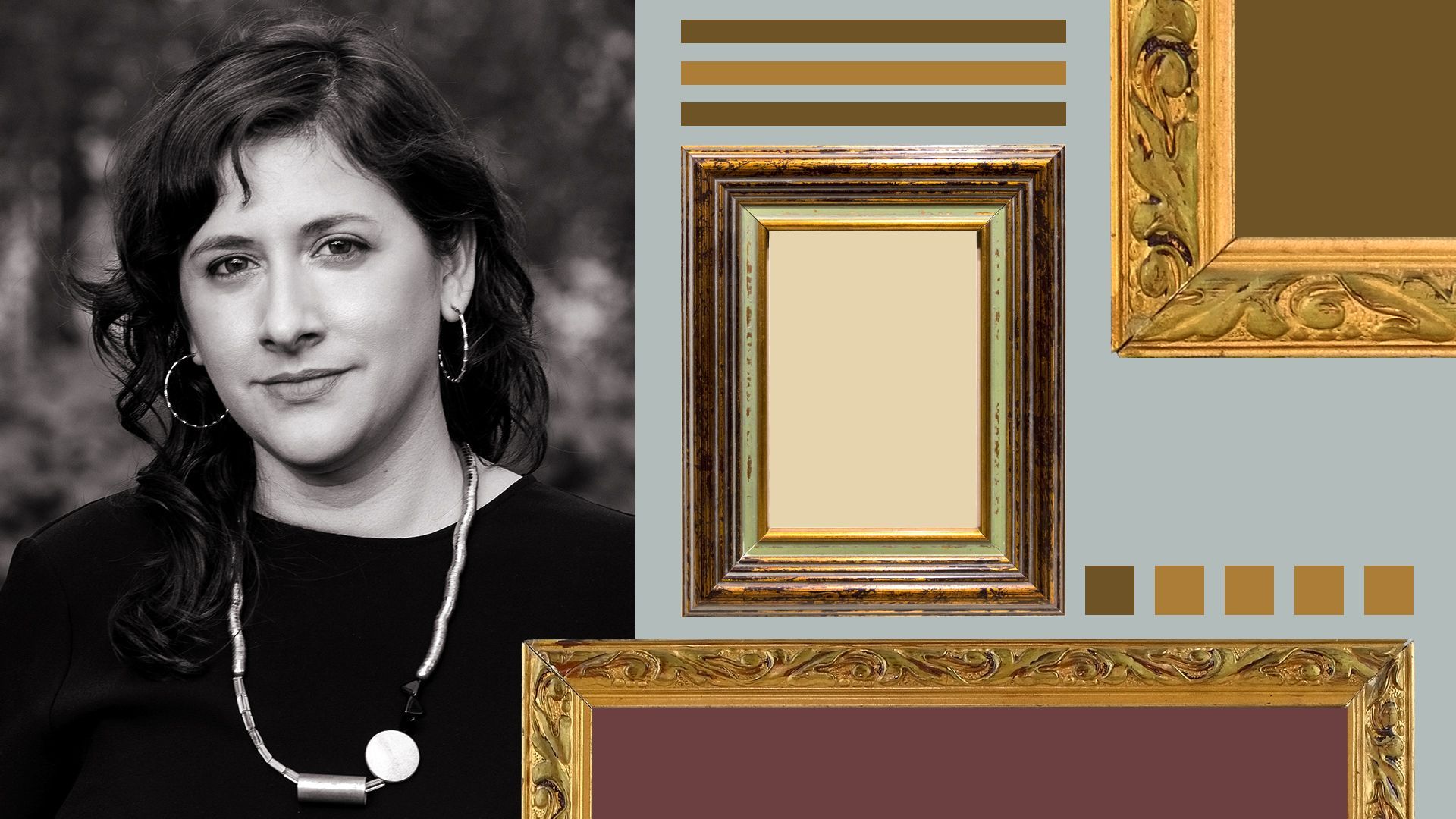 Photo illustration of Marcela Guerrero with images of frames and abstract shapes.