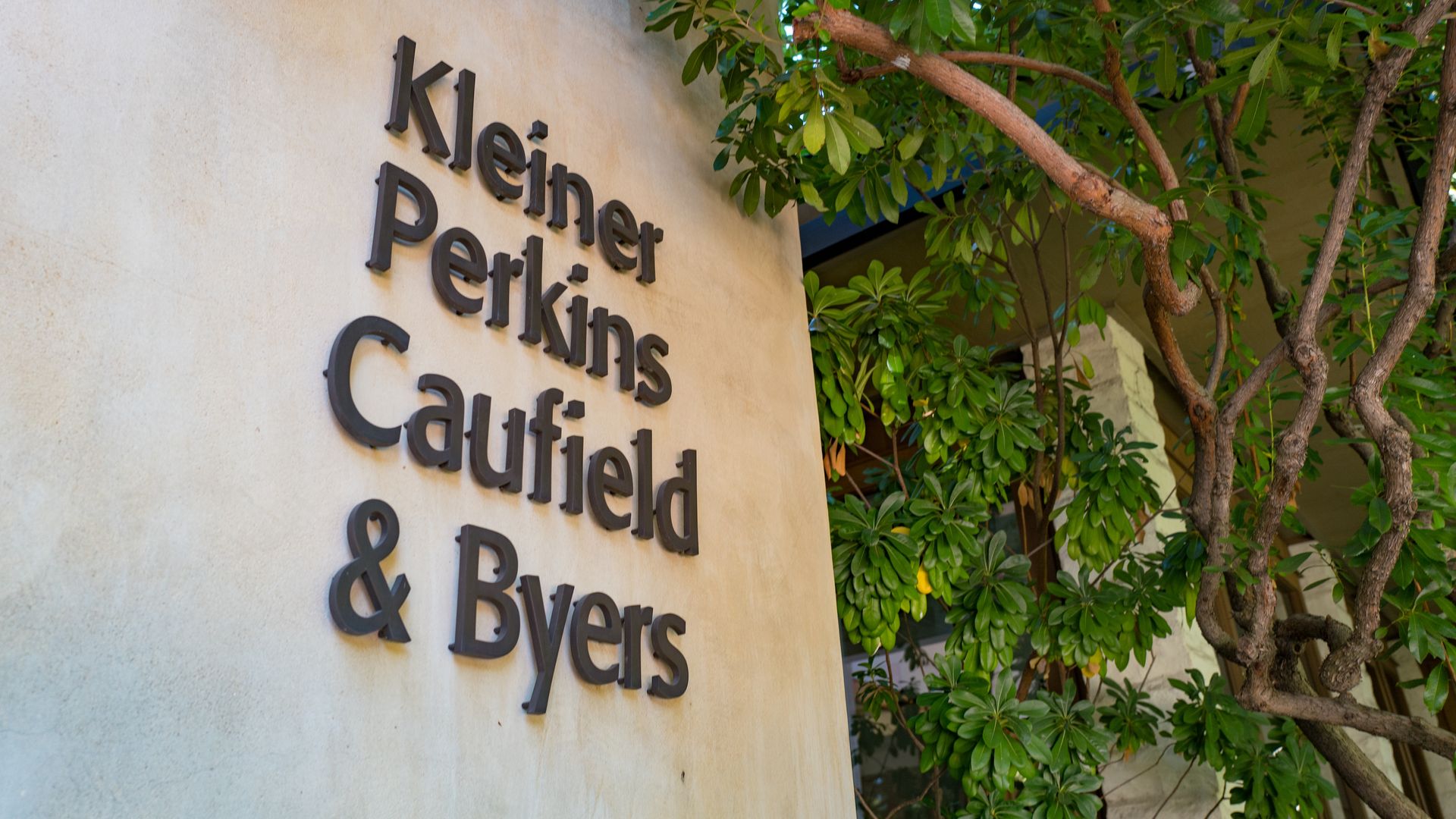 Signage at headquarters of venture capital investment firm Kleiner Perkins Caufield Byers