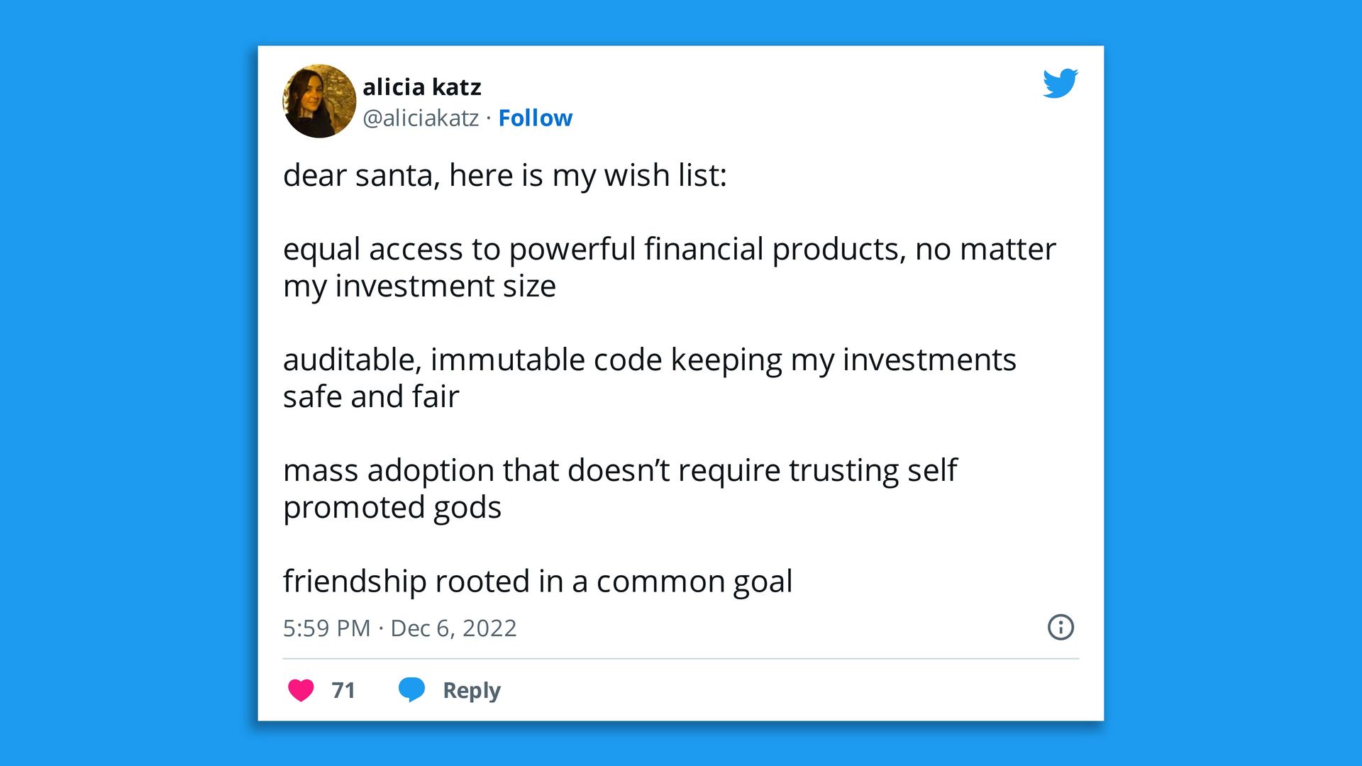 Tweet from Alicia Katz