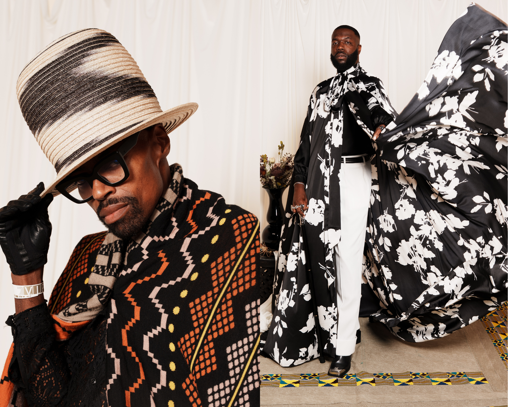 Charlotte's Met Gala event. Left: man in large striped beige and black hat, black glasses, patterned black, orange, yellow poncho. Right: man in black and white floral cape, white pants, black top, holding out cape with one hand.