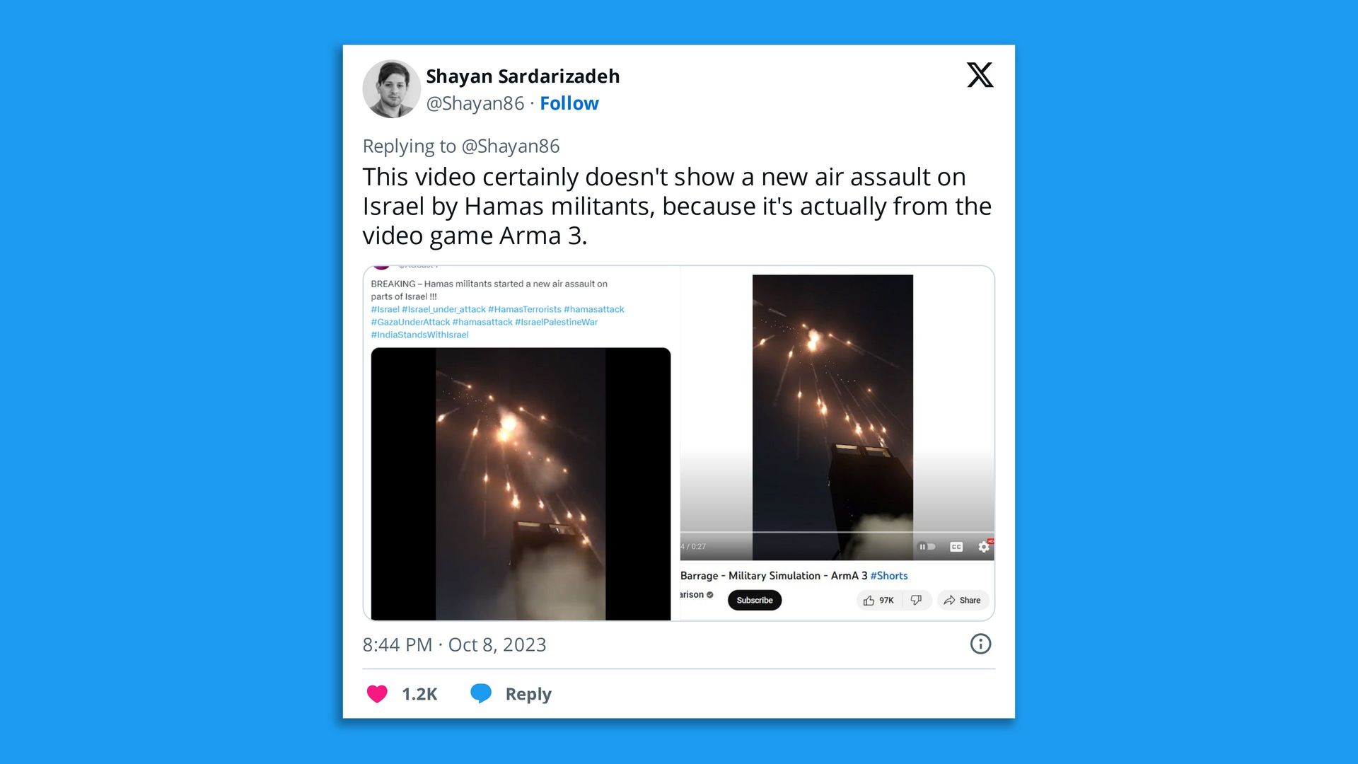 Screenshot of a tweet showing a nighttime bombardment of a building that was presented as footage from the Israeli-Palestinian conflict, next to an image of a video game that was the actual source