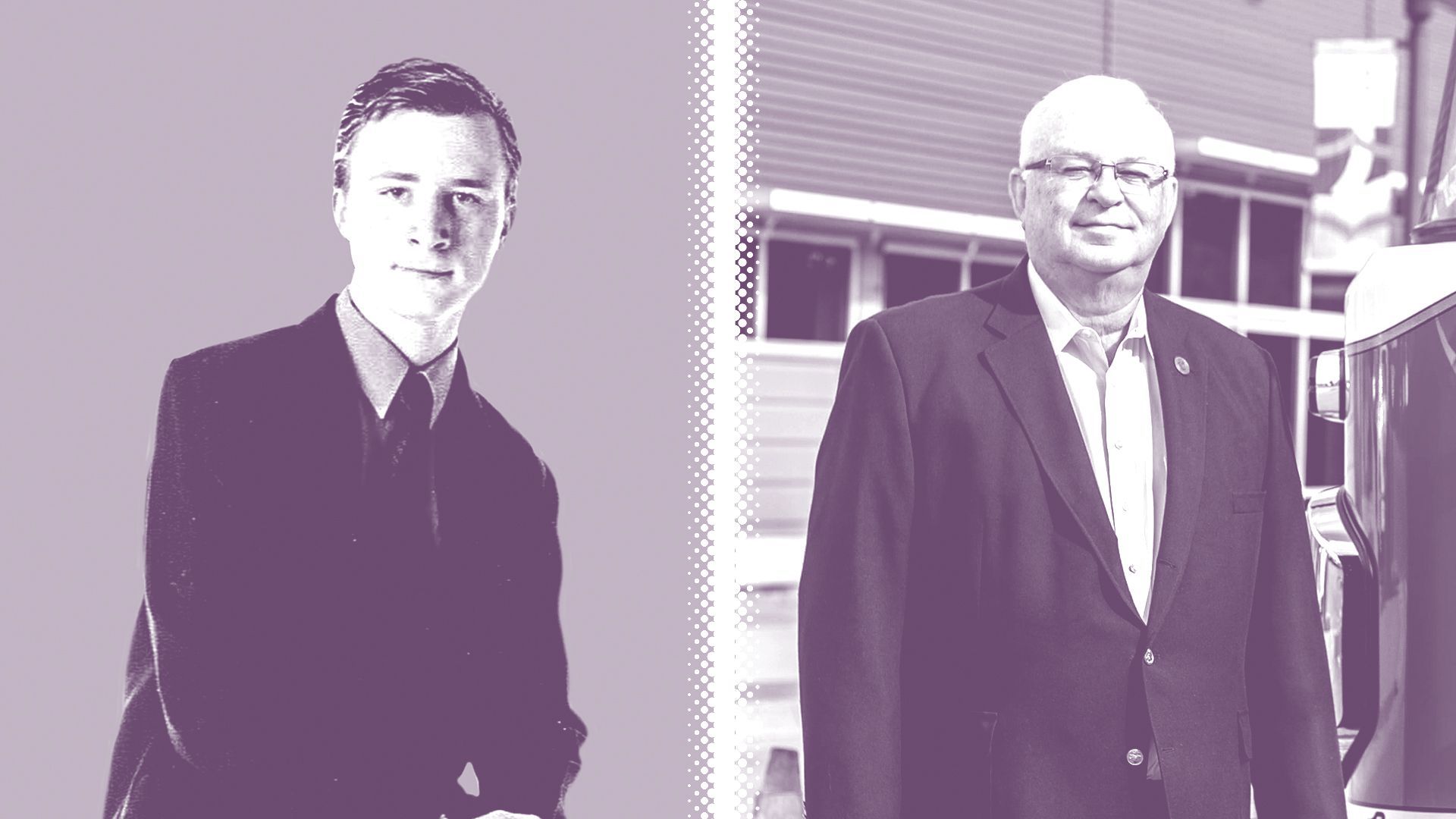 Photo illustration of Richard Labit and Barney Hayes with a halftone dividing line.