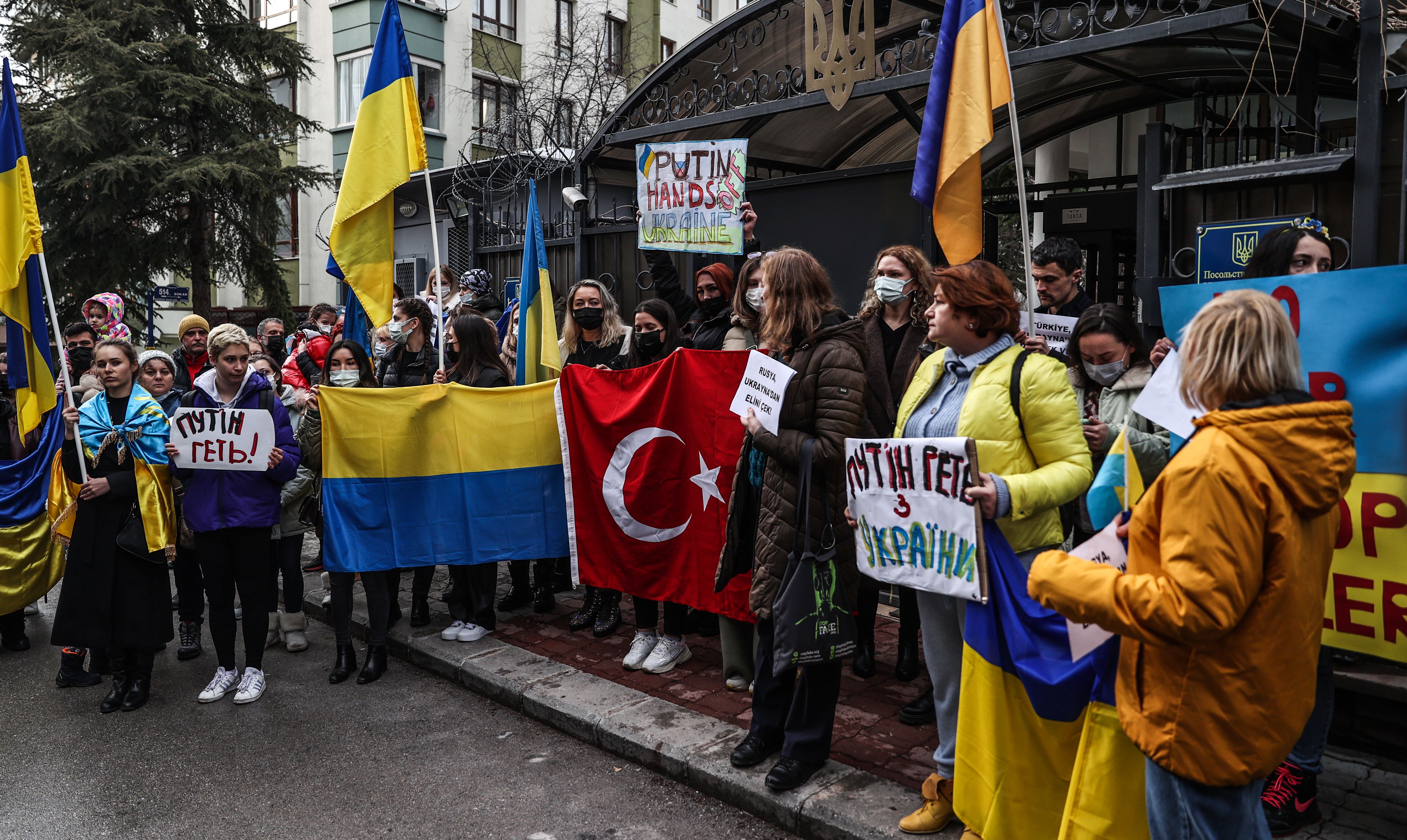 People gathering in support for Ukraine in in Ankara, Turkey, on Feb. 24.